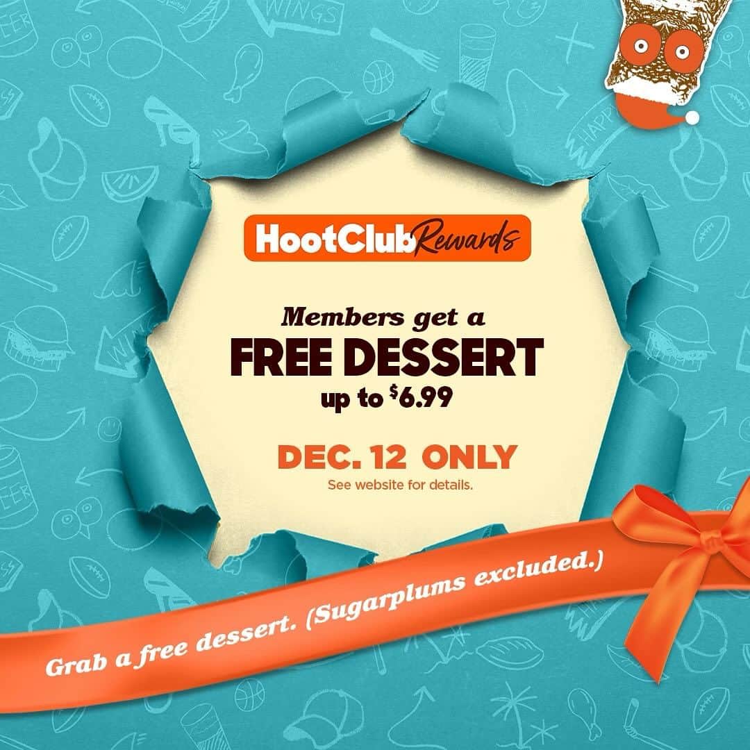 Hootersさんのインスタグラム写真 - (HootersInstagram)「On the 2nd day of Hootmas, HootClub Rewards members get a free dessert. Perfect to share between lovebirds. Visit Hooters.com/hootmas for details. 🐢🕊️  DISCLAIMER: Reward valid 12/12/23 only at participating locations. See reward disclaimer for more details.」12月13日 0時59分 - hooters