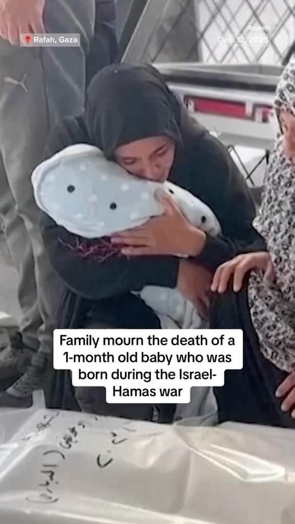 NBC Newsのインスタグラム：「A grandmother mourns her 1-month-old grandson after he was killed in Gaza.  Idres Al-Dbari, who was born early in the Israel-Hamas war, died alongside his mother in an Israeli airstrike.  His grandmother says he recently had stitches removed from an injury before his death.」