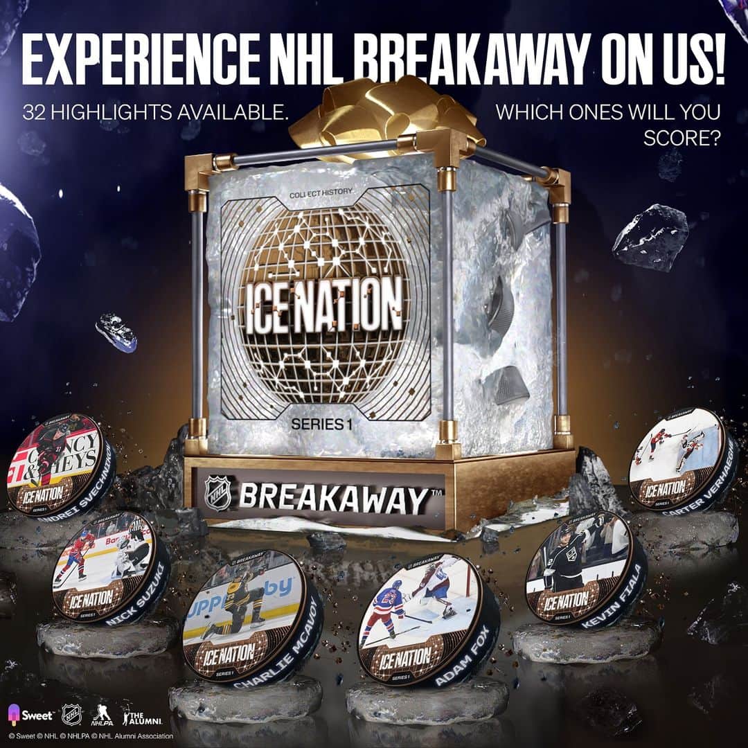 NHLのインスタグラム：「@nhlbreakaway is here and your first pack is on us! 🧊   Each Ice Nation pack delivers game-changing goals, crafty assists, and stone-cold saves by the brightest stars. 32 highlights are available, which ones will you score? Link in bio to redeem.  No purchase necessary. Redemption limited to one Ice Nation pack per authorized user and requires registration at nhlbreakaway.com and agreement to all applicable terms and conditions.」