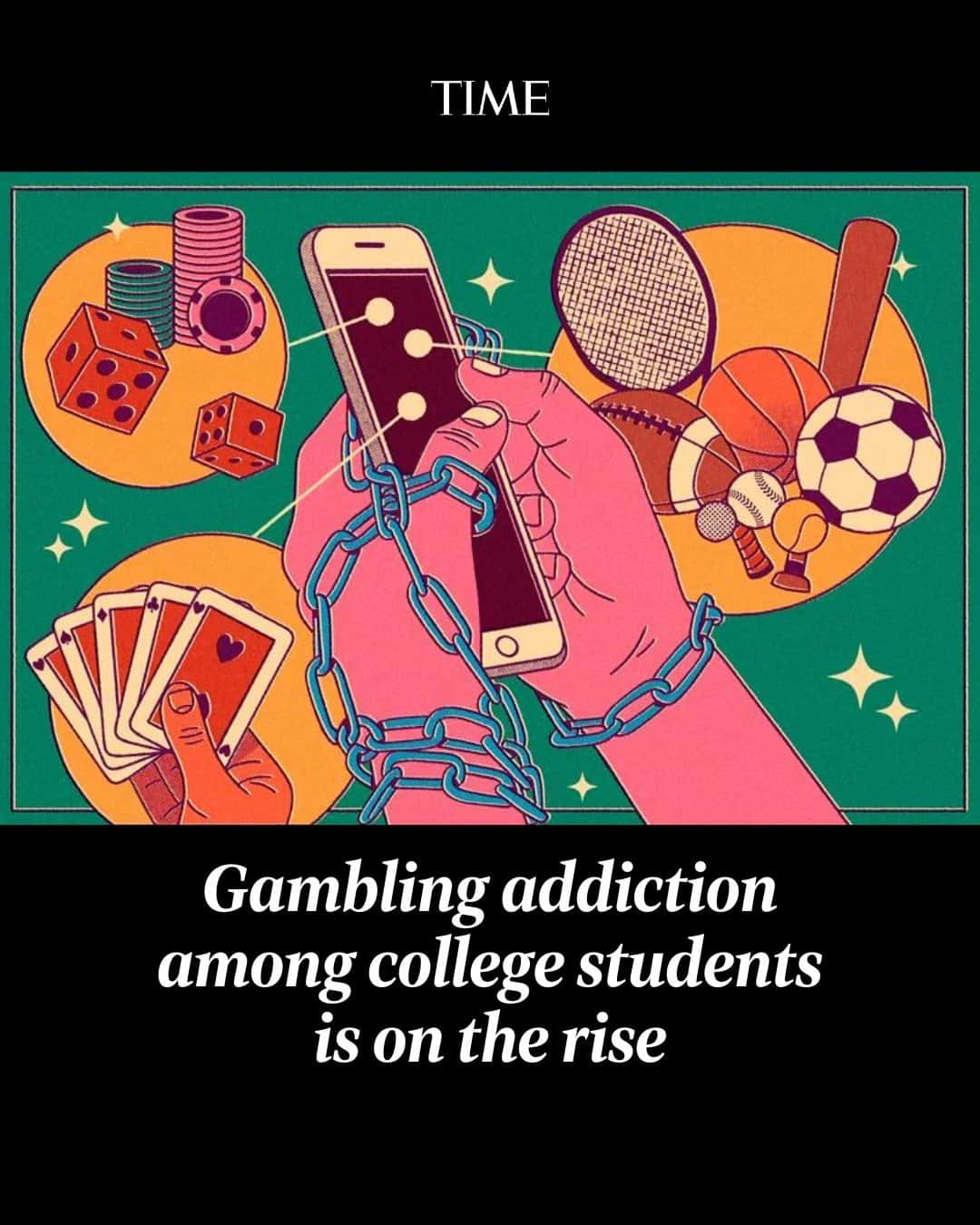TIME Magazineのインスタグラム：「Sports betting apps are finding alarming traction on campuses.  Gambling on a phone can combine the compulsive behavior created by social media—the constant pursuit of dopamine hits—with the addictive qualities of gambling.  Perhaps more critically, it also eradicates the barriers of time and space that once were obstacles for gamblers, says Dr. James Sherer, a psychiatrist who treats addiction in New Jersey. “You don’t have to go to a casino...you can do it at work, you can do it in the middle of the night,” he says.  And online gambling sites make use of the same tracking software as other sites, making sure gamblers are followed across the web by ads and enticements to keep betting.  One out of 10 college students is a pathological gambler, according to one meta-analysis conducted by professors at the University of Buffalo. Read our full report at the link in our bio.   Illustration by Daniel Diosdado for TIME」