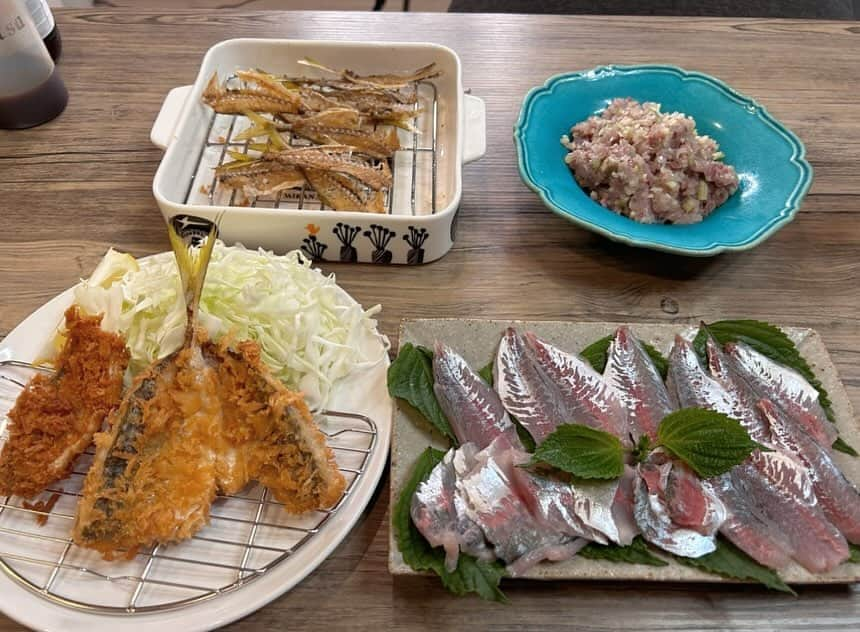 福田ゆみのインスタグラム：「「滝沢沙織の部屋」作った料理たち。 かなり捌いたので、上手くなったよ！包丁捌き。 お刺身←ウマすぎ。 なめろう←丼にして食べたい。 骨せんべい←つまみに最高。 鯵フライ←めちゃくちゃフワフワで美味。ご飯しかすすまん。  帰ってからのビールは間違いなく至福のひと時。  自分で、釣って、捌いて、料理してありがたく頂く。 格別の美味しさがあるね。  また。連れてってもらおう。笑。  さっ！稽古行ってきます。  #滝沢沙織の部屋 #YouTube #滝沢沙織 #黄金アジ #貴子はそれを愛と呼ぶ #福田ユミ」