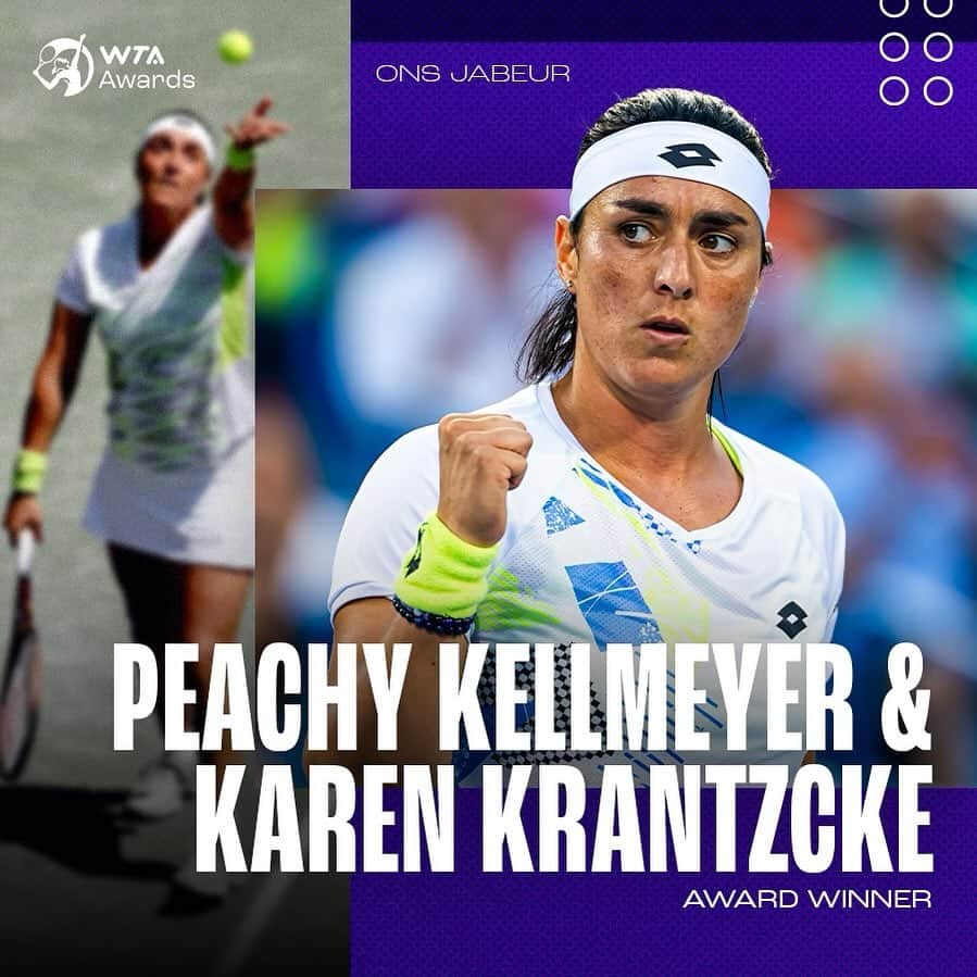 オンスジャブールのインスタグラム：「A champion on and off the court 💜  The Peachy Kellmeyer Player Service Award recognizes a player who has led the way in supporting fellow athletes as well as wider initiatives and is an award voted on by their WTA athlete peers.  The Karen Krantzcke Sportsmanship Award is also a player-voted award recognizing a true ambassador of the sport, who observes the rules of fair play, shows respect for others and is gracious on and off the court.  Congratulations to the 2023 winner of both awards @onsjabeur ! 👏」