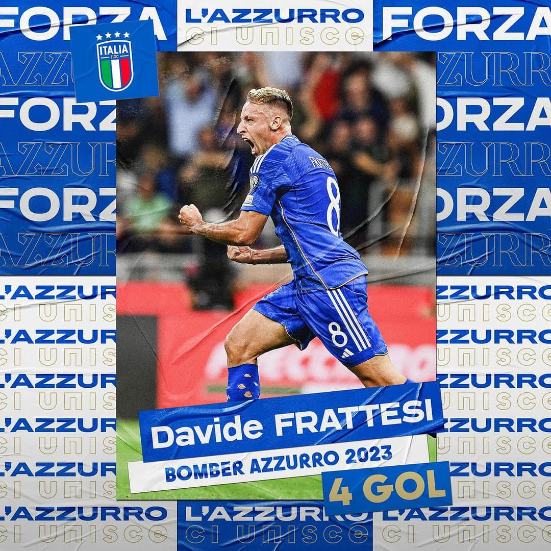 サッカーイタリア代表のインスタグラム：「𝘽𝙤𝙢𝙗𝙚𝙧 𝙁𝙧𝙖𝙩𝙩𝙚𝙨𝙞 ⚽️🔥  Miglior marcatore Azzurro dell’anno con 4️⃣ gol  1️⃣🆚🇳🇱 18 𝘨𝘪𝘶𝘨𝘯𝘰  2️⃣🆚🇺🇦 12 𝘴𝘦𝘵𝘵𝘦𝘮𝘣𝘳𝘦  1️⃣🆚🇲🇹 14 𝘰𝘵𝘵𝘰𝘣𝘳𝘦   With 4️⃣ goals to his name, Frattesi is the top Italy goalscorer for 2023 💪  #Nazionale 🇮🇹 #Azzurri #VivoAzzurro #Frattesi」