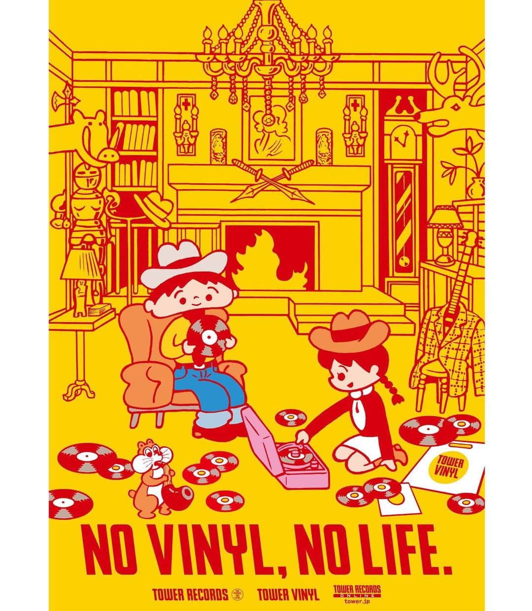 本秀康のインスタグラム：「タワーレコード「レコスケくん× NO VINYL, NO LIFE.」のポスターが冬バージョンになりました。「セット・オン・ユー」のあのお部屋で、レコスケとレコガールはどんなレコードを聴いているのかな🎷🐿️ #hideyasumoto #towerrecords #レコスケくん」