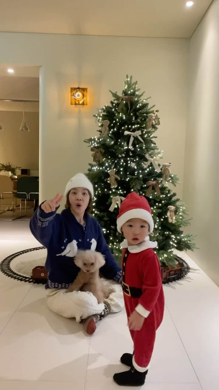 シン・ダウンのインスタグラム：「우리들의 크리스마스트리 🎄 올해는 우리 봄이 쏙 빼닮은 곰돌이🧸오너먼트로 🤍  기차🚂타고 우리집 아기산타🎅🏻와 봄이🐻데리고  호그와트로 떠나보렵니다 🎵  #신난다은홈🏠 #크리스마스트리🎄」