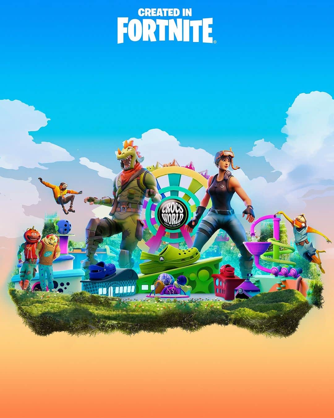 クロックス（crocs）のインスタグラム：「「クロックス・ワールド・タイクーンで創造性を解放！@Fortnite で作成！ ➡️ 0436-7134-6402 🚀 🏖️ 自分だけのウォーターパークを建設して、 作品のスクリーンショットを #CrocsWorldTycoon でシェアしよう！」」