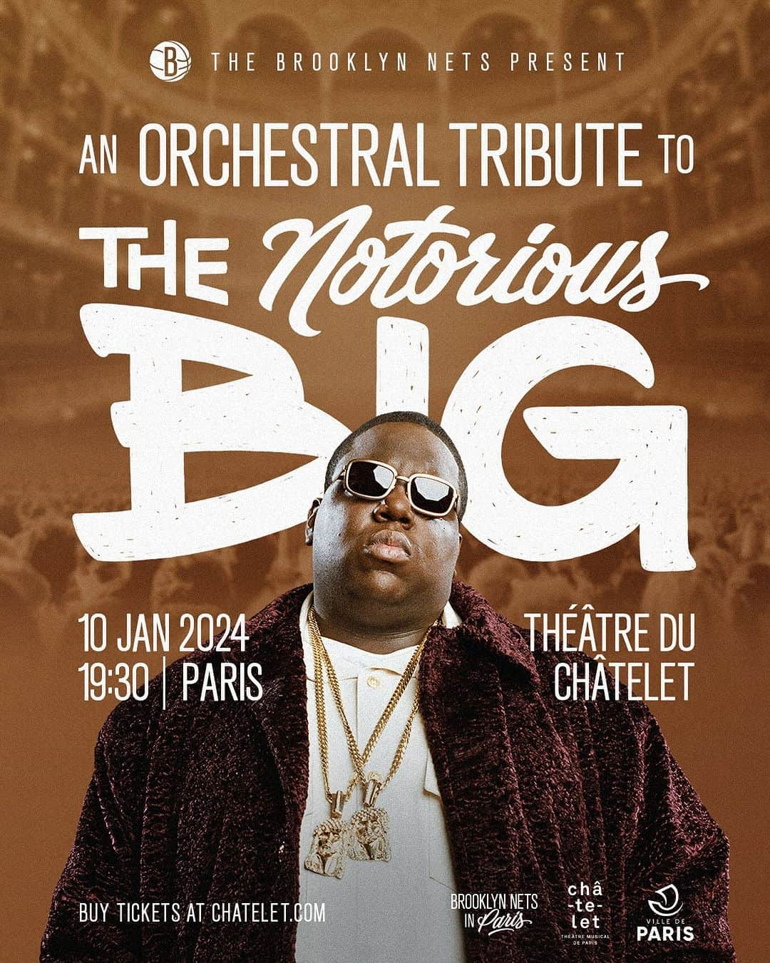 Brooklyn Netsのインスタグラム：「Representin’ BK to the fullest  🎼 An orchestral tribute to @thenotoriousbig  🗓️ January 10, 2024 📍 @theatrechatelet  🎟️ Link in bio  — 🌆 Notorious B.I.G, roi du hip-hop de Brooklyn, a marqué toute une génération. Sur l’initiative des Brooklyn Nets 🏀, un hommage symphonique exceptionnel lui sera rendu au Châtelet le 10 janvier 2024. 🙏🎶.」