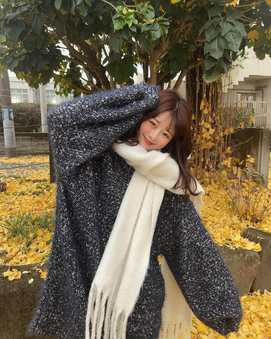 にたまごさんのインスタグラム写真 - (にたまごInstagram)「まだ紅葉あった🍂🍁🌛 ⁡ あったかかったり、さむくなったり、 寒暖差がすごいから体調に気をつけようね🐻 ⁡ 大きめニットとロングブーツであったかく👢 ⁡  @pinue_official のニット 、生地がすっごく可愛いくてお気に入り👗🧵🪡 ⁡ ⁡ ⁡葉っぱで作った♡は、私が作ったのではなく、実はこの前にいたカップルが作ってたやつ🤚🏼💛（笑） ⁡ ⁡ ⁡ ⁡ #150cm #150cmコーデ #低身長 #低身長コーデ  #低身長ファッション #低身長女子 #紅葉 #紅葉スポット  #ニット #ニットワンピース #ニットワンピ」12月13日 19時48分 - __nitamago__