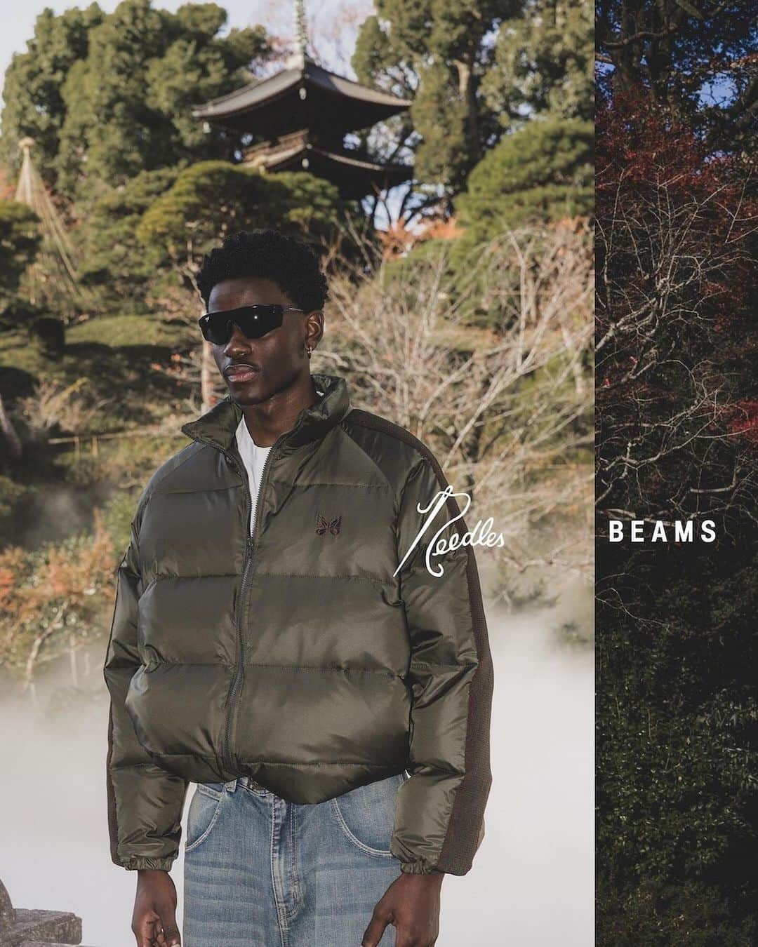 ビームスのインスタグラム：「… NEEDLES × BEAMS 12.16（Sat.）Release!!  @needles_tokyo_official @beams_mens_casual  毎シーズン人気を博す〈NEEDLES〉との別注アイテムに『ダウンジャケット』が登場。 短丈ワイドのシルエットにこだわり、型から別注した本アイテムは、程よいボリューム感が幅広いコーディネートにマッチします。 ブランドのアイコンである象徴的なラインもサイドに配することで、両ブランドらしさの詰まったアイテムに仕上がりました。 気温も下がり、肌寒いこの季節に活躍する本アイテムをぜひお見逃しなく！  #needles #ニードルス #beams #ビームス」