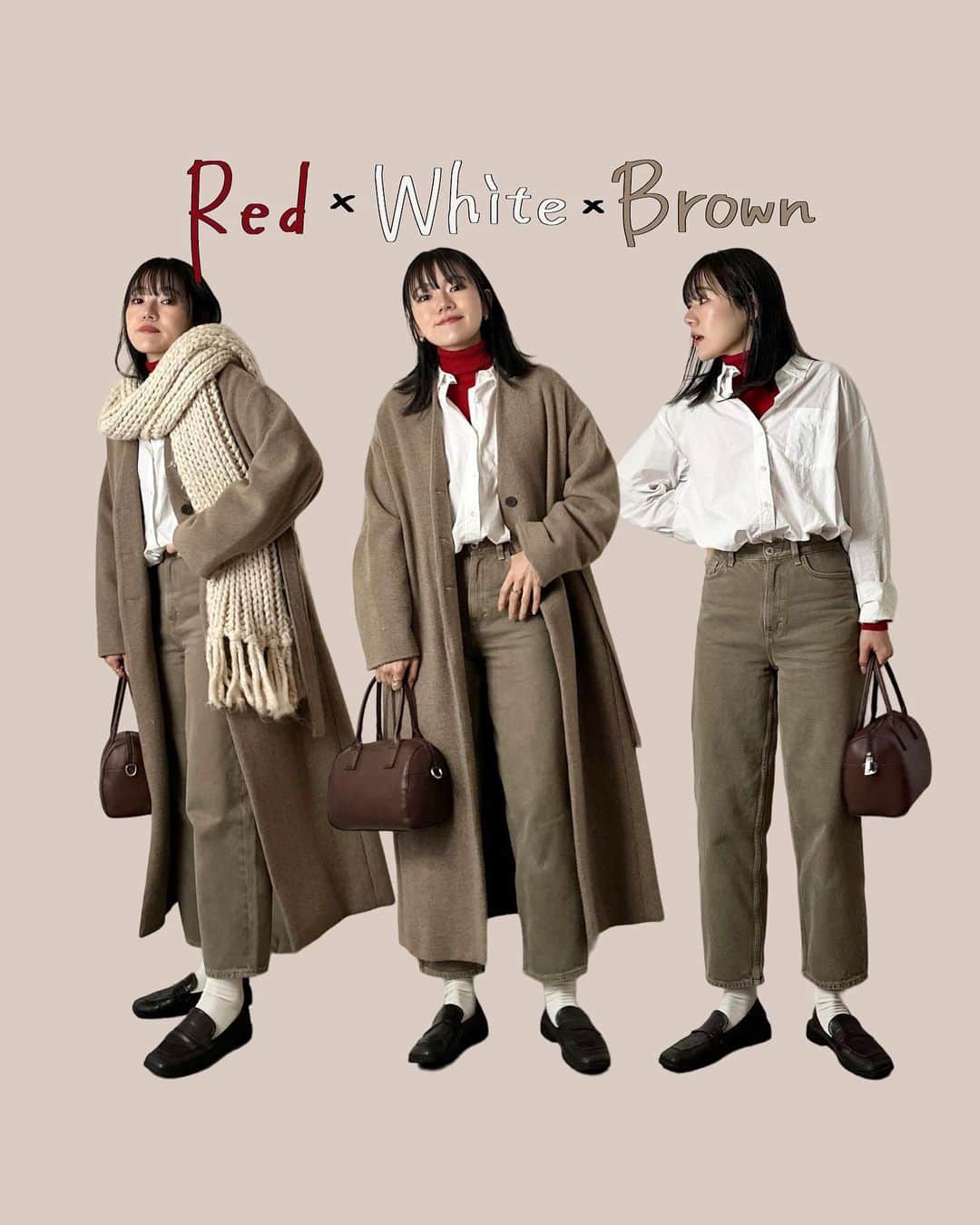 かほこ。のインスタグラム：「ㅤㅤㅤㅤㅤㅤㅤㅤㅤㅤㅤㅤㅤ ㅤㅤㅤㅤㅤㅤㅤㅤㅤㅤㅤㅤㅤ outer : #stylemixer knit : #uniqlo shirt & scarf : #zara denim : #cos bag : #bonlecill ㅤㅤㅤㅤㅤㅤㅤㅤㅤㅤㅤㅤㅤ レイヤードしまくった日（暑すぎた） やわらかい色味のカジュアルコーデに赤を差し色でいれました❤️ ㅤㅤㅤㅤㅤㅤㅤㅤㅤㅤㅤㅤㅤ 結局コラージュ2個並んじゃったので 背景をベージュにしてみました🥲 ㅤㅤㅤㅤㅤㅤㅤㅤㅤㅤㅤㅤㅤ #kaho_fashion」