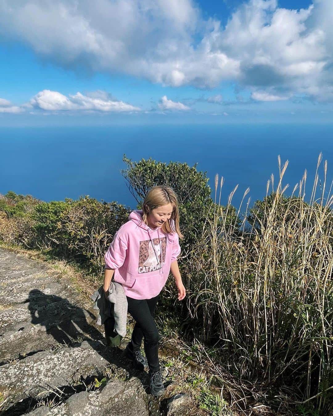 Ami のインスタグラム：「初めての八丈島🏝️ たまたま出会った人に、「君の名は」のラストシーンのモデルになった場所が山の頂上にあるよ！と教えてもらい せっかくならと、軽い気持ちで登り始めたのが失敗だった😨 想像の10倍キツく、スロープだと思ってた道が全て階段で、13キロの息子を皆んなで抱っこリレーしながらの登山⛰️ 1人でもギリギリのキツさなのに、、、男性陣には感謝感謝です。。 何度も心折れかけながらも到着した頂上からの景色は素晴らしかったけど、写真じゃなかなか伝わらないのが悔しいです😭 登りもキツかったけど、下りもなかなかのもので... 常につま先体重の、一段一段が高いうえにガタガタで降りるたびに膝に衝撃が走る階段。 下山しきった時、ちょっと泣きました😣 でも、終わってみると、皆んなで共通の思い出が出来た事も、それをやり切れた事も良かったなぁと思います🦵✨  急に始まった登山があまりにも強烈な思い出すぎて長くなってしまったけれど、 八丈島は思ってた以上にあったかく、食べ物も本当にどれも美味しかった‼︎ 郷土料理も美味しい物だらけで、名産のフルーツレモン🍋があまーくって、皆んなにも食べて欲しいなぁ。 あと、星がビックリするくらい綺麗だった！🌠 5分間で流れ星3つ見たよ‼︎‼︎ 海の上にキラキラ光る星達が幻想的であの景色、また観たいな〜。 そして、八丈島は今年、名探偵の映画の舞台になったようで、泊まったホテルもその場所で、行く場所のほとんどが気付いたら映画の聖地巡みたいにな、そんな八丈島旅行でした🌺  ながっ！！！！！！！！！！笑」