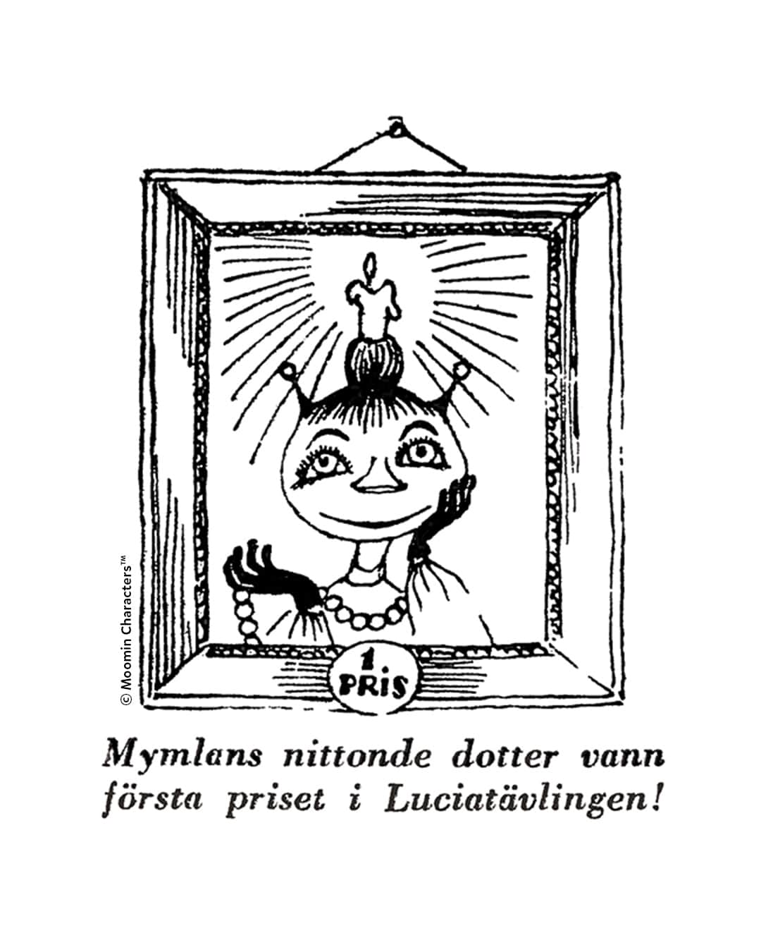 ムーミンのインスタグラム：「Do you know why Mymble's daughter wears a candle wreath in this image? 🕯️   She’s dressed up as Lucia, an important pre-Christmas tradition celebrated on 13 December in the Nordics. Tove Jansson drew this illustration for Nya Pressen, a Swedish language newspaper in Finland, on 19 December 1950.  She was perhaps inspired by her own childhood memories – her mother, Signe Hammarsten Jansson, used to dress up as Lucia every year! 🌲 ✨   Read more about the Jansson family Christmas celebration with Lucia through the link in bio! 🤗   #moomin #moominofficial #tovejansson @tovejanssonofficial」