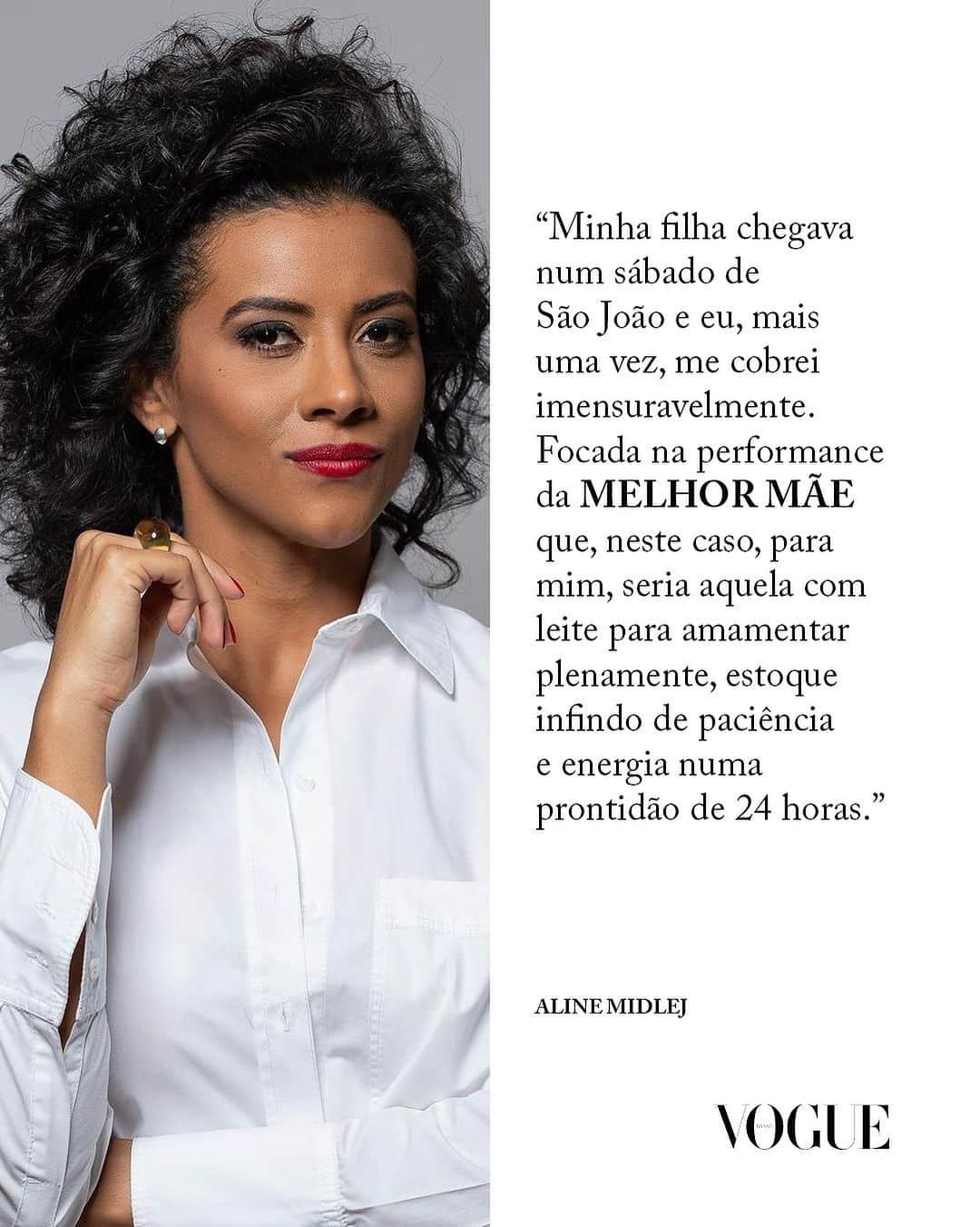 Vogue Brasilのインスタグラム：「Em sua primeira coluna desde que se tornou mãe da Celeste, @alinemidlej compreendeu que, ao longo desses seis meses, conectar-se com a nova fase era o que realmente importava. “Me lembrei que o tempo era de entrega e conexão, não de exigência”, diz a jornalista da GloboNews. Mãe aos 40, a comunicadora vive a pausa refletindo sobre qual é a cobrança que realmente faz sentido, se desprendendo do ego, aprendendo a pedir ajuda e encontrando conforto durante esta jornada. “Não é renúncia, é entrega. Porque, simplesmente, só senti. E agora quero viver sentindo tudo o que chegar”, completa. No link da bio, você lê o relato da jornalista, que compartilha seus aprendizados desde o início da maternidade.」