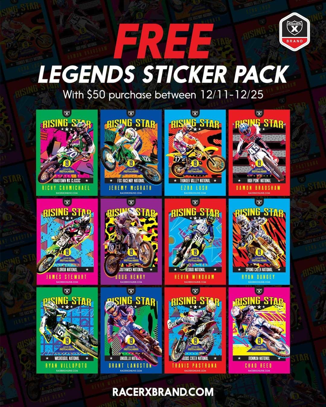 Racer X Onlineさんのインスタグラム写真 - (Racer X OnlineInstagram)「Head over to RacerXbrand.com and receive the Legends Sticker Pack with purchases over $50 between now and 12/25 while supplies last! HAPPY HOLIDAYS 🎁🎄 #RXbrand」12月14日 5時46分 - racerxonline