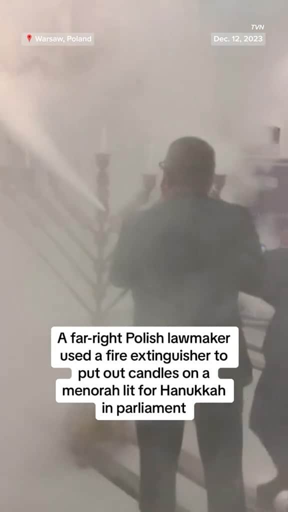NBC Newsのインスタグラム：「A far-right lawmaker in the Polish parliament extinguished candles on a menorah that were lit for Hanukkah.」