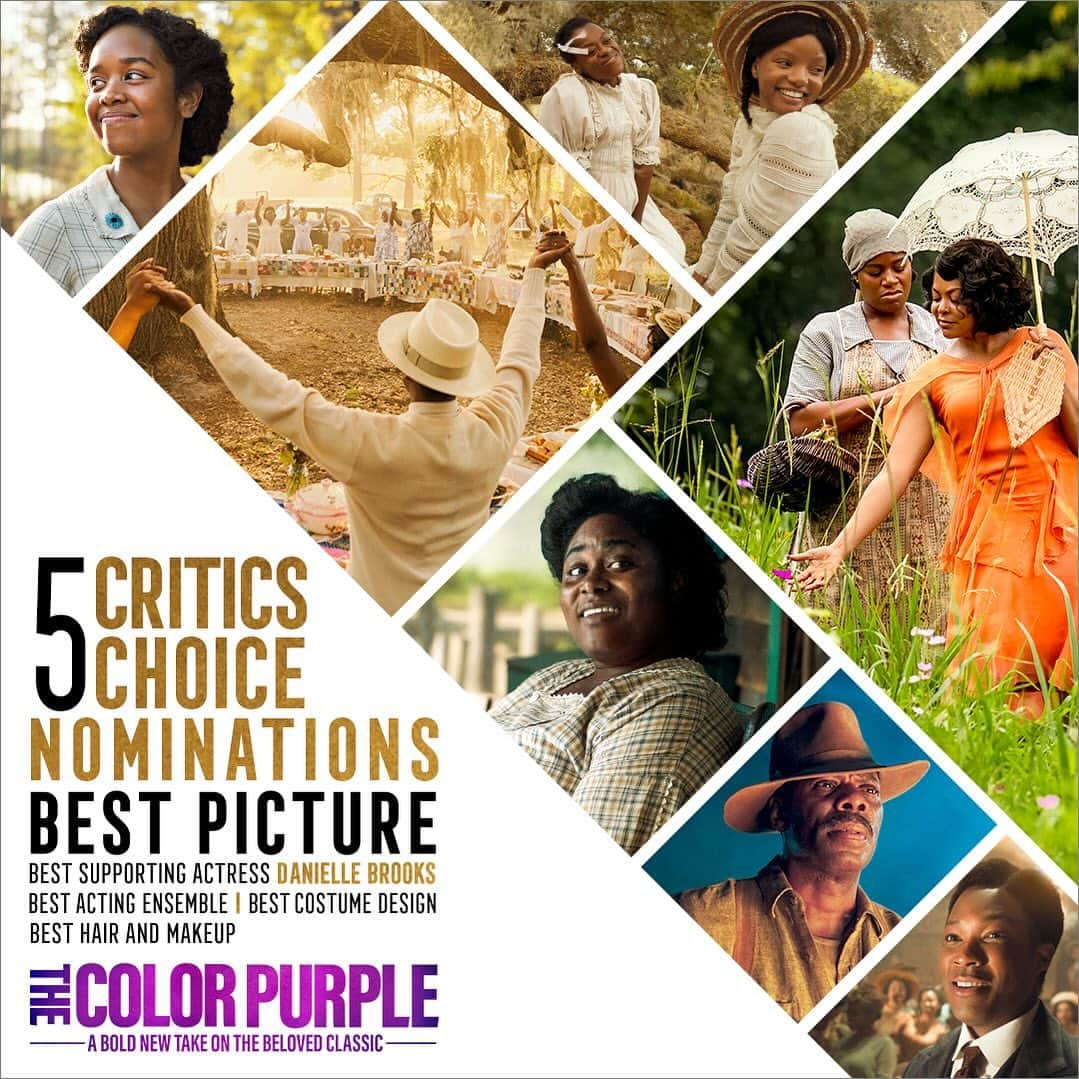 Warner Bros. Picturesのインスタグラム：「#TheColorPurple has been nominated for 5 Critics Choice Awards including: - Best Picture - Best Acting Ensemble - Best Supporting Actress, Danielle Brooks - Best Costume Design - Best Hair & Makeup Congrats to everyone involved!」