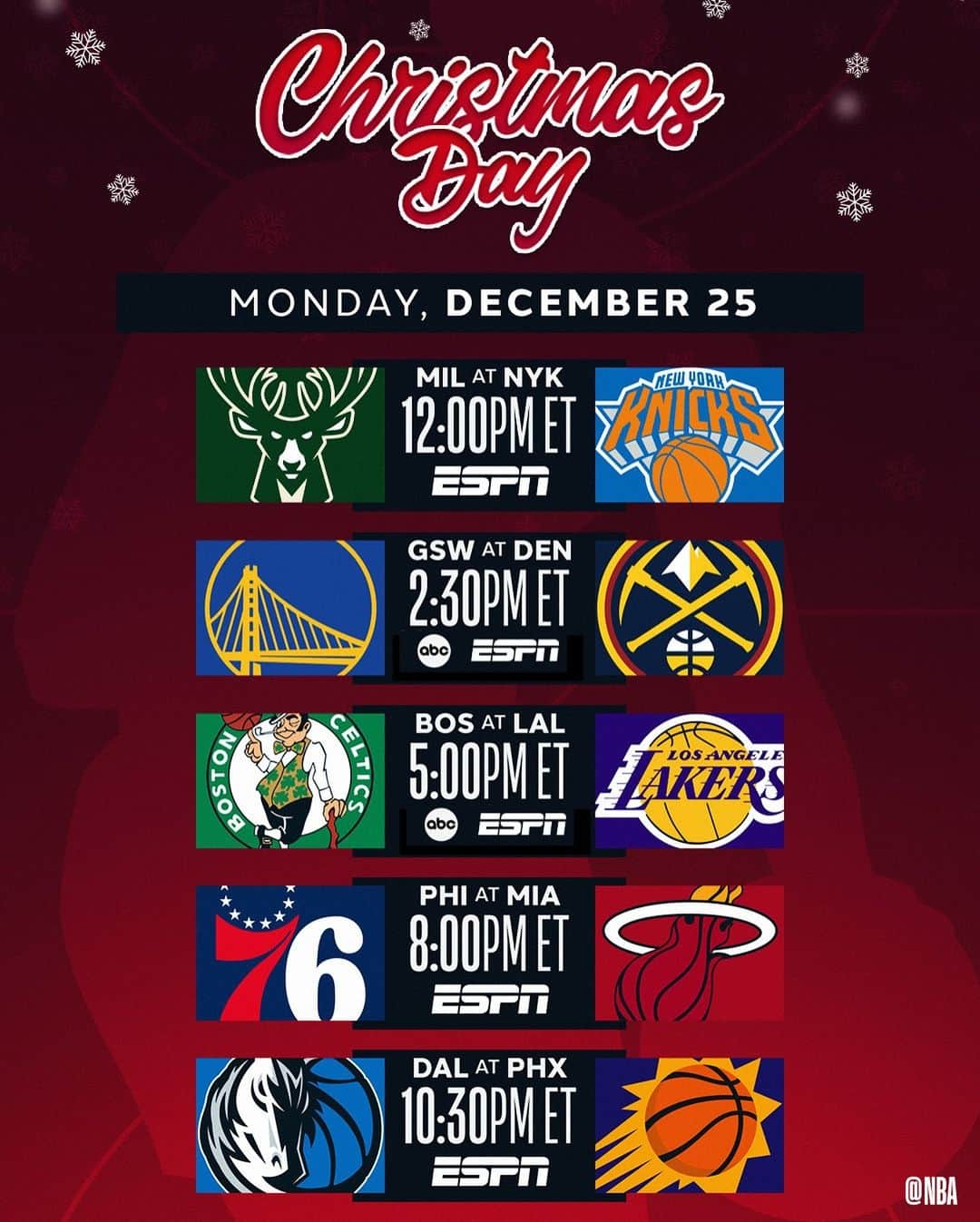 NBAのインスタグラム：「🎄 ONE WEEK AWAY from Christmas Day hoops 🎄  Watch #NBAXmas action all day Monday, 12/25 on ABC & ESPN with games beginning at 12:00pm/et!」