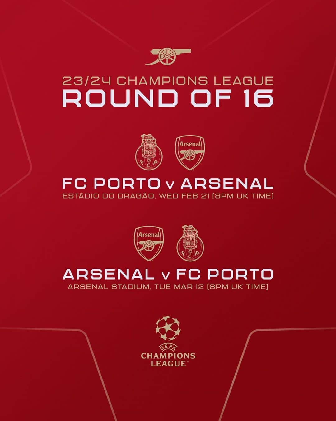 アーセナルFCさんのインスタグラム写真 - (アーセナルFCInstagram)「Dates and times for our Champions League round of 16 matches against FC Porto have been confirmed 🔒」12月19日 5時36分 - arsenal