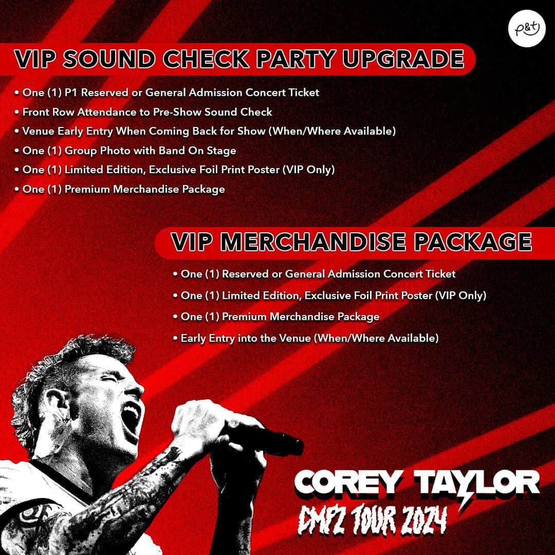 コリィ・テイラーのインスタグラム：「Hey everybody, VIP packages for the February shows include access to our pre-show sound check, group photo with me and the guys, special merch, early entry and more.   Limited availability. Grab yours now at coreytaylor.com/tour - link in bio」