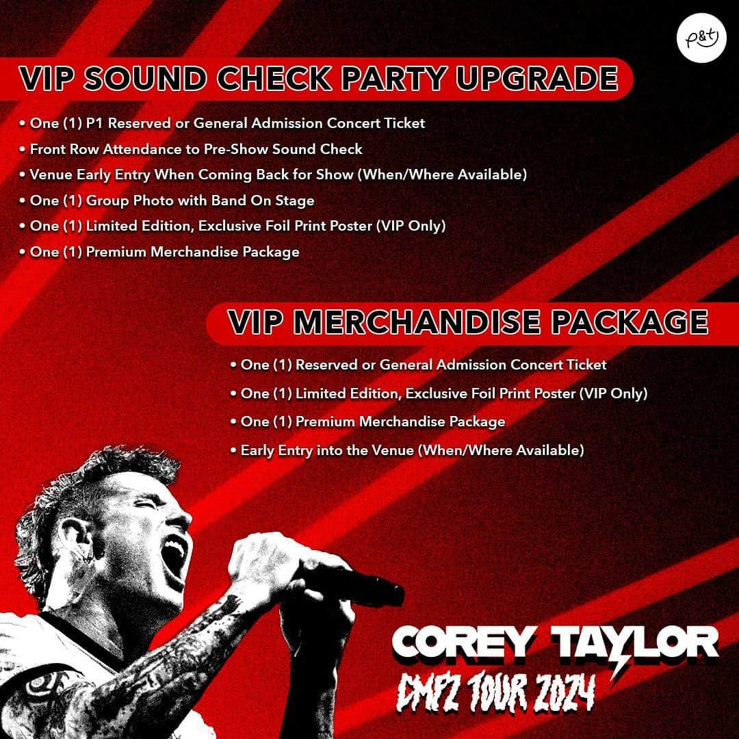 コリィ・テイラーのインスタグラム：「Hey everybody, VIP packages for the February shows include access to our pre-show sound check, group photo with me and the guys, special merch, early entry and more.   Limited availability. Grab yours now at coreytaylor.com/tour - link in bio」