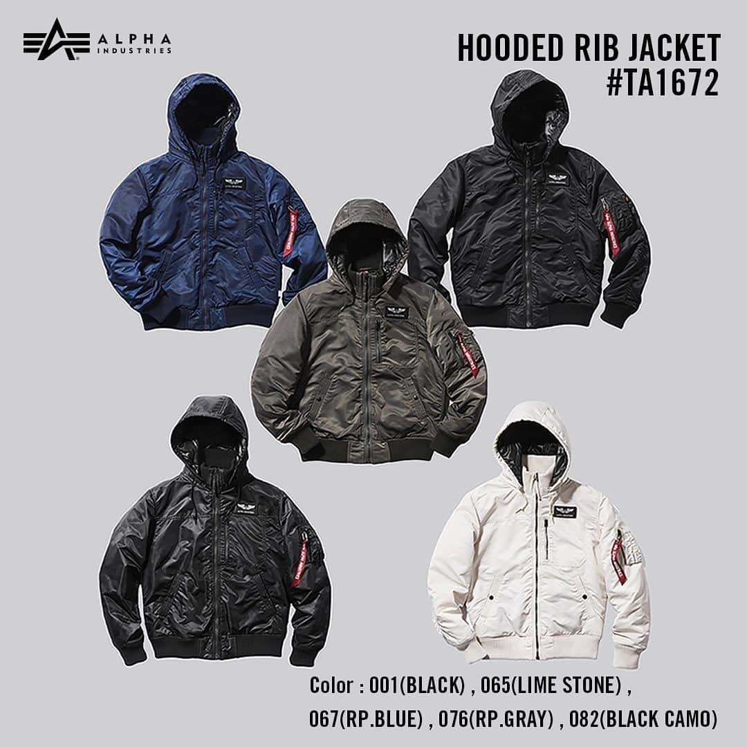 ALPHA INDUSTRIES JAPANのインスタグラム：「HOODED RIB JACKET #TA1672 ¥24,200(in tax) Color : 001(BLACK) , 065(LIME STONE) , 067(RP.BLUE) , 076(RP.GRAY) , 082(BLACK CAMO) Size : S , M , L , XL  PULL PARKA BACK ALPHA U.S.A #TC1595 ¥8,800 Color : 201(BLACK) , 202(H.GRAY) , 218(WHITE) , 221(A.GREEN) Size : M , L , XL  EASY CARGO  #TB1083 ¥9,900(in tax) Color : 101(BLACK) , 119(OLIVE) , 135(D.KHAKI) , 159 (D.GRAY) Size : S , M , L , XL  #alpha_industries_japan  #alpha_industries  #ALPHAINDUSTRIES #ALPHA #ALPHASHOP #ナイロンジャケット #リブジャケット #フードジャケット #Thermolite #カーゴパンツ　   #streetsnap #ファッションスナップ #military #fashion #outfitpost #ALPHA渋谷店 #アルファインダストリーズ #ミリタリー  #ミリタリーコーデ #ストリートファッション  #アメカジ  #ミリタリーアウター #アウター  #ミリタリージャケット  #冬コーデ #冬アウター  #カーゴパンツコーデ」