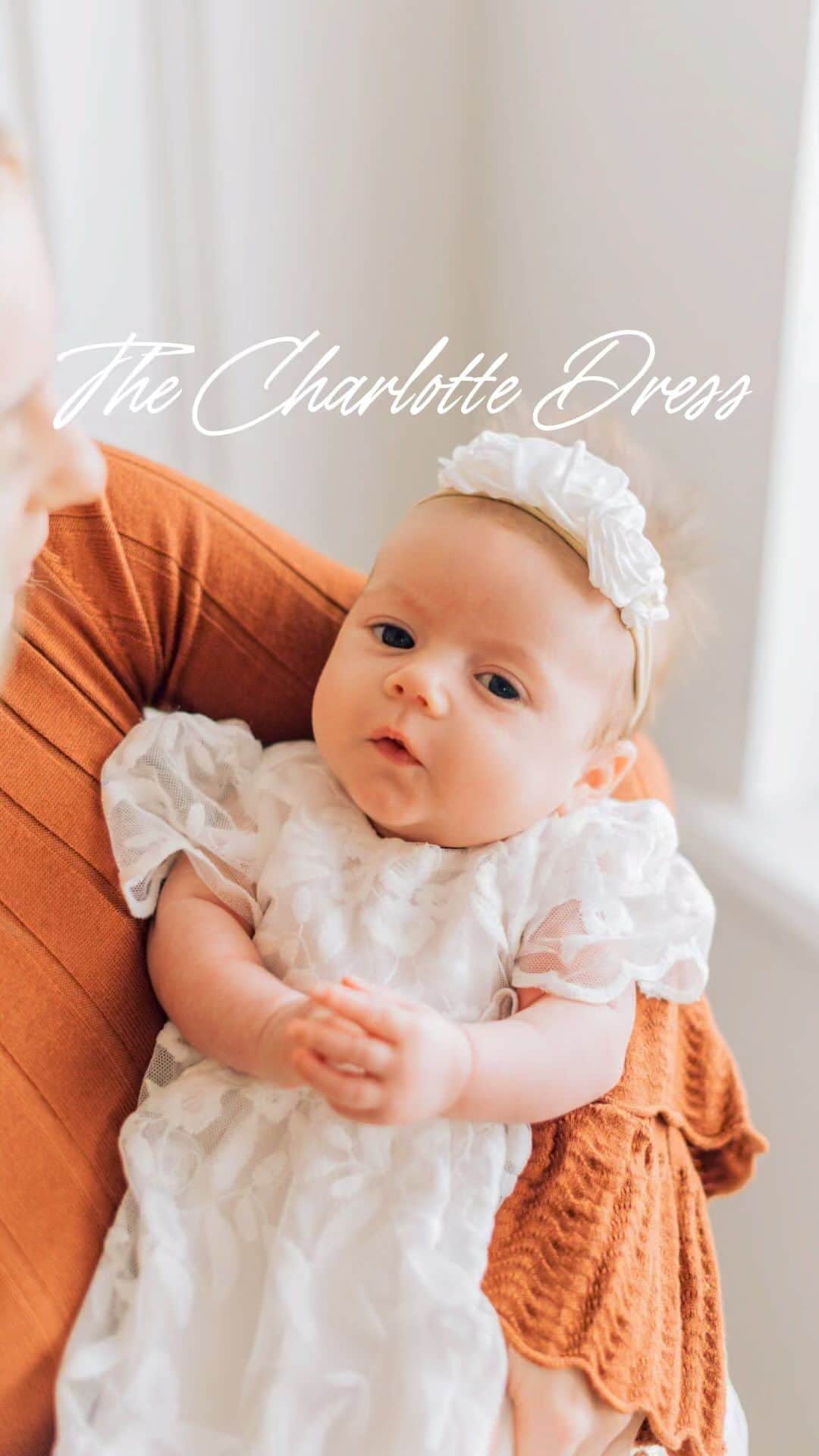 ミカイラ・スキナーのインスタグラム：「The Charlotte Dress is live! ✨   The Charlotte is a delicate lace dress designed lovingly with your sweet baby girl in mind. It features an intricate floral pattern, a soft cotton underlay, and a dainty ribbon sash. Gold buttons line the back for an easy on and off. The scalloped hem adds a touch of elegance, creating a charming ensemble for your baby’s special occasion.」