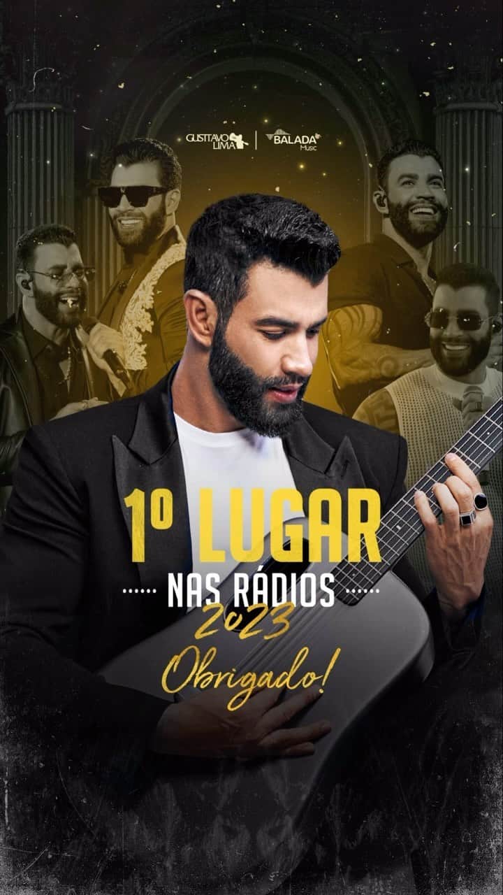 グスタボ・リマのインスタグラム：「Número Um! 🥇🏛️ Em 2023, me tornei o artista mais tocado em todas as rádios do Brasil, acumulando mais de 3 milhões de execuções. Isso foi possível graças a todos vocês, que sintonizam, pedem minhas músicas e dedicam tempo para ouvir cada novo lançamento. Agradeço imensamente pelo apoio e carinho! Em 2024, preparem-se para muito mais…」