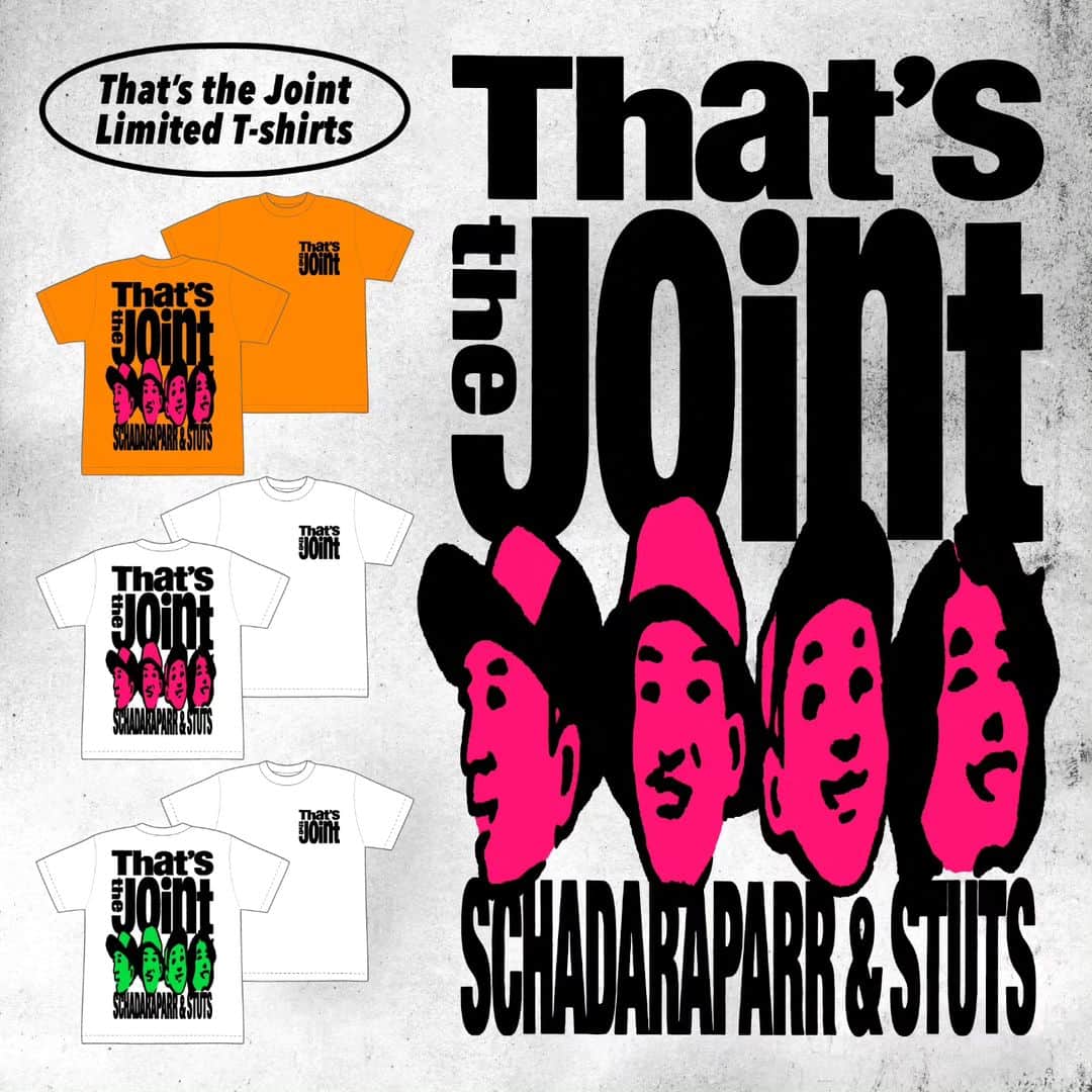スチャダラパーのインスタグラム：「『スチャダラパー & STUTS Presents "That's the Joint"』の  会場で販売されたTシャツがオンラインショップで販売開始です！  是非お買い求めください！  『"That's the Joint" Tシャツ』 価格:¥4,000（税込） カラー:ホワイト×ピンク、ホワイト×グリーン、セーフティオレンジ サイズ:S,M,L,XL,XXL  ご購入はこちらから！ http://shop.gunpowder.jp/?mode=cate&cbid=843351&csid=0」