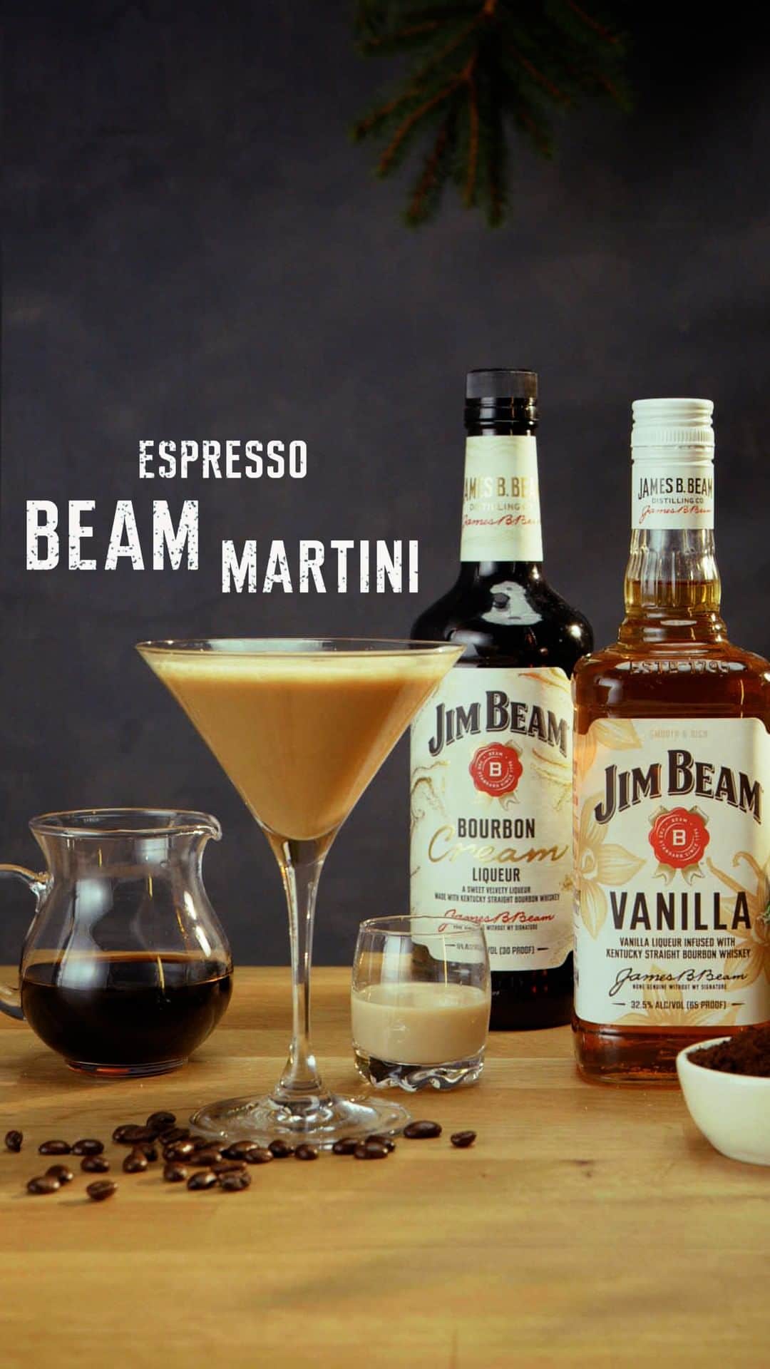 Jim Beamのインスタグラム：「Next level hosting. Our batched Espresso Beam Martini is pre-chilled and party ready.⁣ ___⁣ ⁣ Recipe:⁣ 12-13 Servings⁣ ⁣ 750ml Jim Beam® Vanilla⁣ Jim Beam® Bourbon Cream⁣ 3.5 tbsp of Instant Espresso Powder⁣ 8oz of Coffee Liqueur⁣ Water⁣ Espresso Beans⁣ ⁣ Pour out 10oz of Jim Beam® Vanilla and set aside for future use. Add 3.5 tablespoons of instant espresso powder. Add 8oz of coffee liqueur. Add 1oz of water. Shake and chill in freezer overnight. To serve, pour 2oz of mixture, 1 oz Jim Beam® Bourbon Cream, ice, and a splash of water into a cocktail shaker and shake. Strain into martini glass and garnish with three espresso beans.」