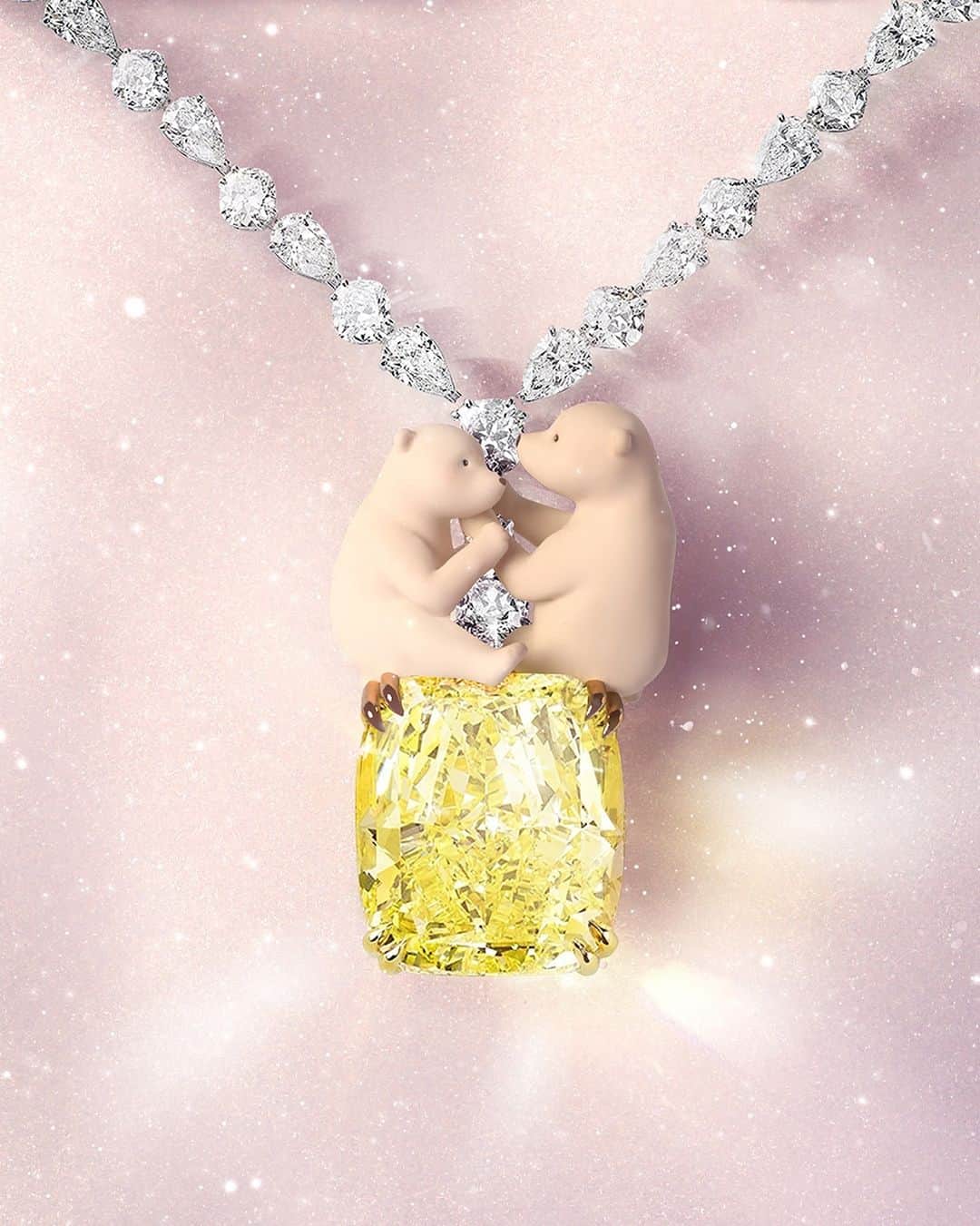 ショパールのインスタグラム：「Love is in the air with the #ChopardFairytale. Step into a world of wonder and experience a moment of romance with #ArtyTheBear and Amy. Tap the link in bio to explore the Maison’s #HighJewelry creations.  #Chopard #ChopardDiamonds #ChopardGift #HolidaySeason #SwissMade」