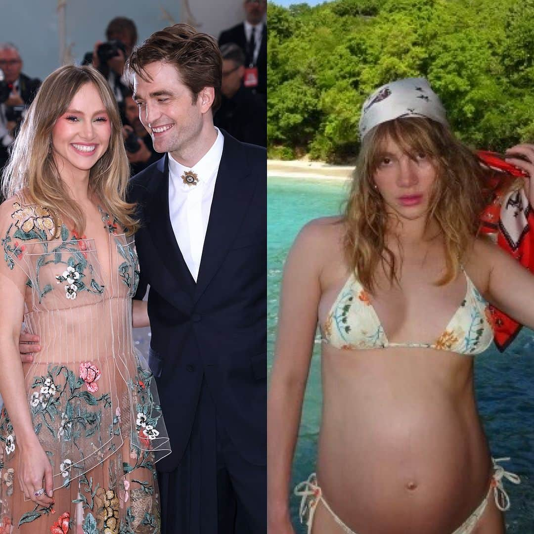 Hugo Glossのインスタグラム：「Baby on board! Suki Waterhouse compartilhou a primeira foto de sua barriguinha, após rumores de que estaria noiva de Robert Pattinson. A estrela de #DaisyJonesandTheSix, que está esperando o primeiro filho do casal, apareceu curtindo uma praia nas redes sociais. Se nos basearmos na beleza dos pais, esse baby será lindíssimo, hein?! (📸: Reprodução/TikTok; Guerin Charles/ABACA/Shutterstock)」