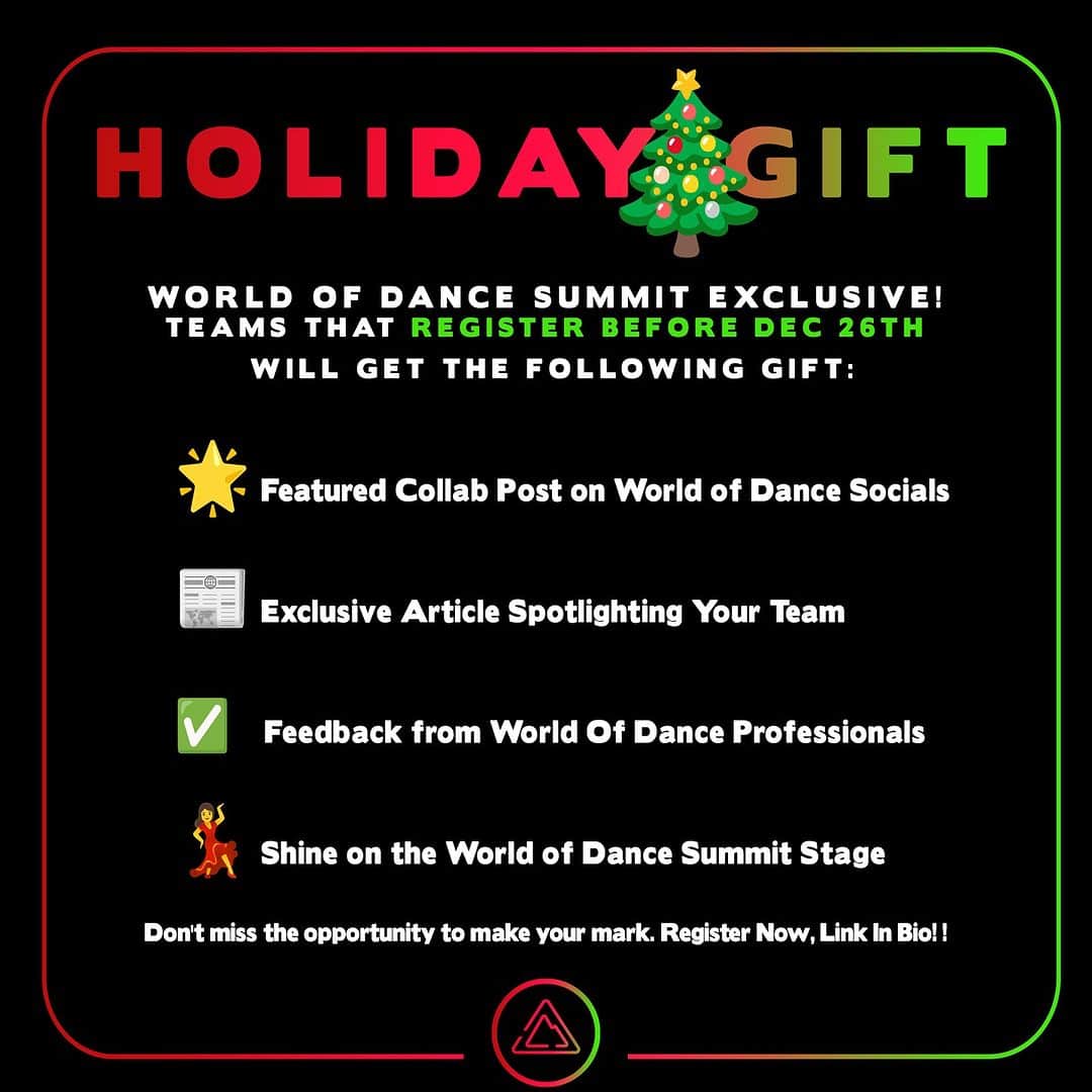 World of Danceさんのインスタグラム写真 - (World of DanceInstagram)「Unwrap the gift of dance this holiday season! 🎁 ✨. Register your team for the World of Dance Summit before December 26th and step into the spotlight🌟  Secure your chance to shine on the main World of Dance IG and be the star of a featured article!  Don’t miss the spotlight– let the world witness your dance magic. 💃🕺  Register your teams now for the extravaganza NOW! Link In Bio   #WODsummit #WorldOfDance #WOD #dance #dancer #dancesummit #choreography #worldchampionship #streetdancer #dancelife #dancevideo」12月23日 3時17分 - worldofdance