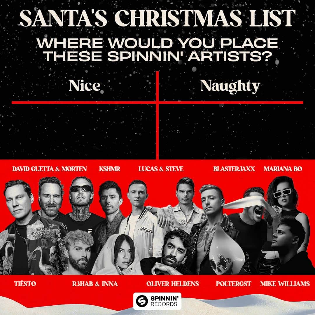 Spinnin' Recordsのインスタグラム：「Help Santa prepare his Christmas list: Where would you place some of these iconic Spinnin' artists: have they been naughty or nice? 🤔 Wishing you all a very Merry Christmas from all of us at Spinnin' Records! 🎅」