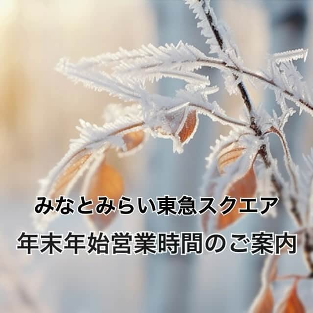 みなとみらい東急スクエアのインスタグラム：「. みなとみらい東急スクエア年末年始の営業時間についてご案内いたします。  ■2023年12月31日(日) ショッピング・サービス 11:00～18:00 レストラン 11:00～20:00  ■2024年1月1日(月・祝) 全館休館日  ■2024年1月2日(火) ショッピング・サービス 10:00～20:00 レストラン 11:00～22:00  ■2024年1月3日(水)〜通常営業 ショッピング・サービス 11:00～20:00 レストラン 11:00～22:00  ※ 一部休業および営業時間が異なる店舗がございます。詳しくは店舗に直接お問い合わせください。  ホームページでは詳細がご覧いただけます https://www.minatomirai-square.com/event/detail/?cd=001025 @minatomirai_tokyusquare」