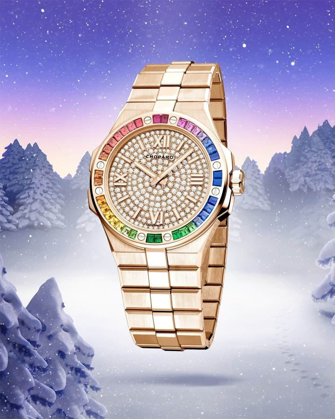 ショパールのインスタグラム：「The #HolidaySeason sparkles with a thousand lights!  Radiate your true style with the bold allure of #IceCube jewellery and #AlpineEagle timepieces. Tap the shopping tags to make a fashion statement. #Chopard #ChopardFairytale #ChopardGift #ChopardJewellery #ChopardWatch #SwissMade #LuxuryJewellery #LuxuryWatch」