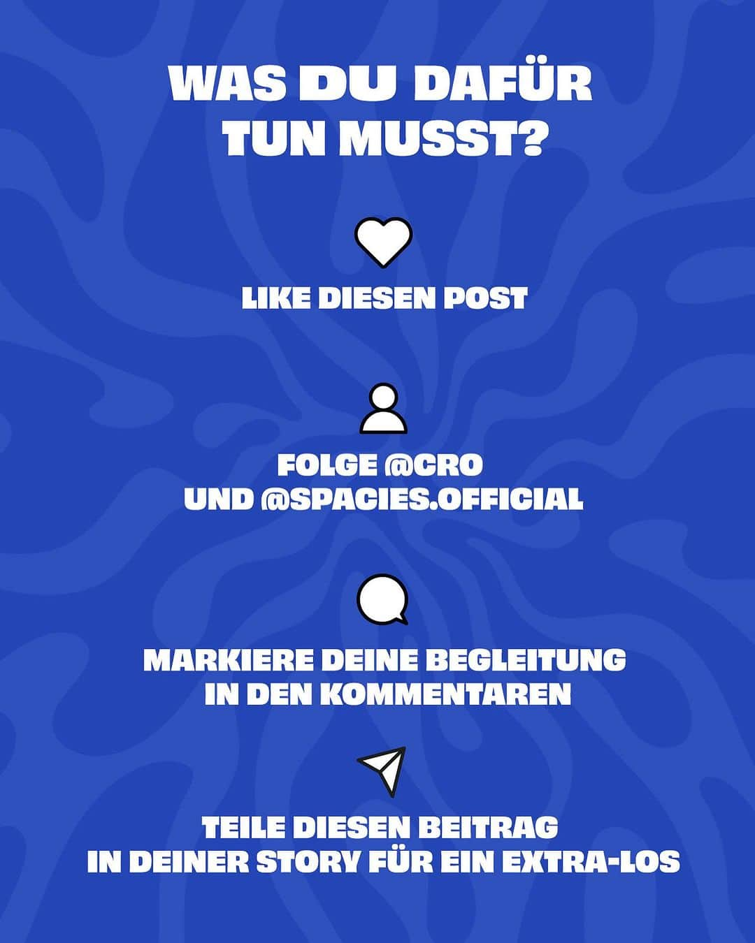 CROさんのインスタグラム写真 - (CROInstagram)「BEENDET!   WIN WIN WIN  Gemeinsam mit @cro verlosen wir einen VIP-Pass für die CRONICALS TOUR 2024 für dich und deine Begleitung. Sei beim Soundcheck dabei, treffe CRO persönlich und erlebe die Show wie kein anderer.  🎟️ VIP-Pass für eine Show deiner Wahl 💜 Exklusives Meet & Greet mit Carlo 🎤 Soundcheck-Experience  So nimmst du am Gewinnspiel teil: 1. Like diesen Post 2. Folge @cro und @spacies.official 3. Markiere deine Begleitung in den Kommentaren  Jeder Kommentar zählt, Mehrfachteilnahmen sind möglich.🚀  Teile diesen Beitrag in deiner Story für ein Extra-Los.💪🏼  Das Gewinnspiel endet am 31.12.2023 um 23:59 Uhr. Der/die Gewinner:in wird aus allen Kommentaren unter diesem Post per Zufall ausgelost und nach Gewinnspielende am 02.01.2024 von @spacies.official per Direktnachricht kontaktiert. ____ Dieses Gewinnspiel wird von @spacies.official in Zusammenarbeit mit @cro veranstaltet und steht in keiner Verbindung zu Instagram. Mit der Teilnahme an diesem Gewinnspiel erkennst du an, dass die Verantwortung für dieses Gewinnspiel allein bei @spacies.official und @cro liegt, nicht jedoch bei Instagram.」12月27日 19時30分 - cro