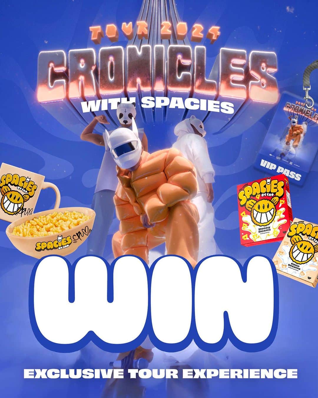CROのインスタグラム：「BEENDET!   WIN WIN WIN  Gemeinsam mit @cro verlosen wir einen VIP-Pass für die CRONICALS TOUR 2024 für dich und deine Begleitung. Sei beim Soundcheck dabei, treffe CRO persönlich und erlebe die Show wie kein anderer.  🎟️ VIP-Pass für eine Show deiner Wahl 💜 Exklusives Meet & Greet mit Carlo 🎤 Soundcheck-Experience  So nimmst du am Gewinnspiel teil: 1. Like diesen Post 2. Folge @cro und @spacies.official 3. Markiere deine Begleitung in den Kommentaren  Jeder Kommentar zählt, Mehrfachteilnahmen sind möglich.🚀  Teile diesen Beitrag in deiner Story für ein Extra-Los.💪🏼  Das Gewinnspiel endet am 31.12.2023 um 23:59 Uhr. Der/die Gewinner:in wird aus allen Kommentaren unter diesem Post per Zufall ausgelost und nach Gewinnspielende am 02.01.2024 von @spacies.official per Direktnachricht kontaktiert. ____ Dieses Gewinnspiel wird von @spacies.official in Zusammenarbeit mit @cro veranstaltet und steht in keiner Verbindung zu Instagram. Mit der Teilnahme an diesem Gewinnspiel erkennst du an, dass die Verantwortung für dieses Gewinnspiel allein bei @spacies.official und @cro liegt, nicht jedoch bei Instagram.」