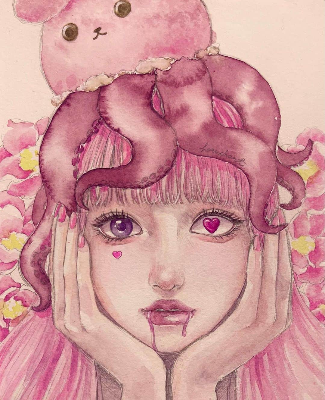 haruchartのインスタグラム：「🐙  拗ねてこれもうやりません！とかゆうてたけど 油彩にしようとした時にやっぱ水彩の方もとりあえずは 塗っとこうかと思って簡単に塗りました。 思ってたよりだいぶピンクになった💞」