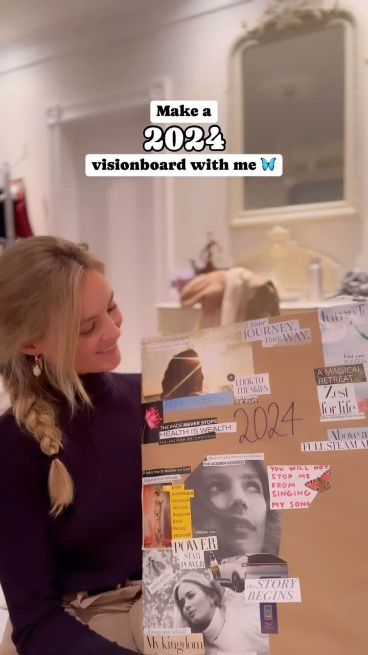 ニオミ・スマートのインスタグラム：「Create a 2024 vision-board with me 🌟. This is an annual ritual for me at the end of the year to bring life to my visions and dreams. It helps me to stay on track and is a reminder of what’s really important to me.  I create a variety of these boards for different themes; career, love & connection, personal growth, travel. I’ve even been known to take vision-boards into meetings to share my creative vision for projects!  Here are my steps: 1. The first and most important step is to get to know your dreams and desires. I recommend feeling into your heart rather than your head - your head is more likely to make you feel anxious, whereas your heart will make you feel light and free. To do this, hold your hand over your heart and close your eyes. Spend some time breathing into this space and listen to what comes up for you. Ask yourself “how do I want to feel in 2024?”, “what will bring me the most joy and fulfilment?”. Have a pen & paper close by to note down the keywords. Examples of mine this year are ‘expansion’, ‘growth’, ‘playfulness’, ‘curation’.   2. Flick through old magazines, newspapers and scraps and cut out words and images that resonate with your keywords. As mine include ‘expansion’ and ‘growth’, I found I kept cutting out images of butterflies 🦋.  3. Now time to piece the board together. I used an old Fenwicks bag from Christmas by sticking both sides together & wrapping in plain paper. I start by sticking the larger cut outs to the board first, and then layer the words and smaller images to create a collage.  4. Leave space on the board for doodling and writing down your personal goals for the year ahead to keep it personal and unique to you. This can include specific projects, goals, keywords, and anything else that’s important to keep note of. I haven’t shown mine in the videos by the way!  5. Your board is complete! You can keep adding to it over the next few days if you find more inspiration. Take a photo of it and refer to it throughout the year. Often we forget what’s important to us, so this board can be a useful tool throughout the year.   Wishing you a magical 2024!   #manifestation #nye2024 #newyear #happynewyear #visionboard」