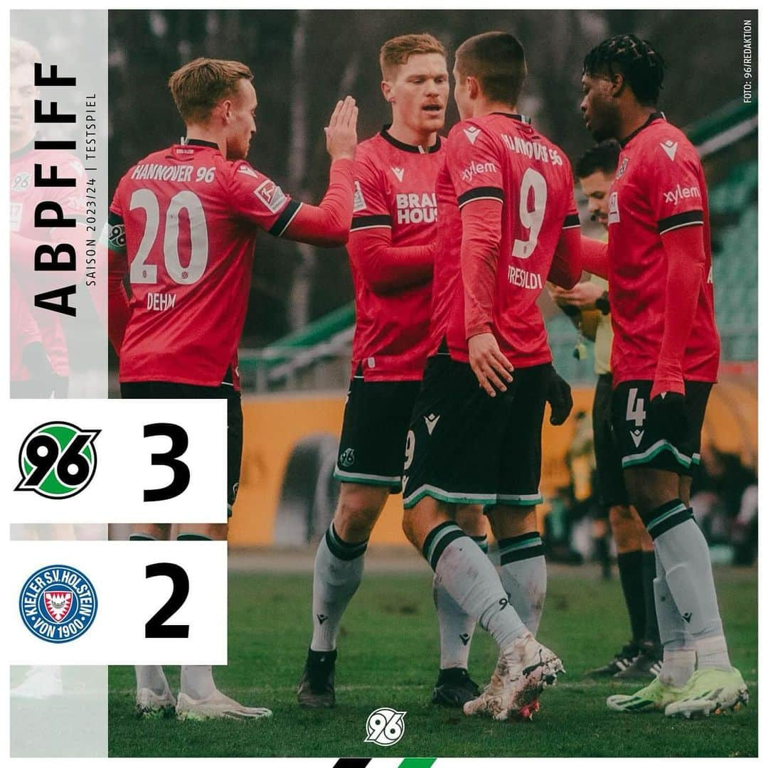 ハノーファー96のインスタグラム：「Generalprobe geglückt: Im letzten Test vor dem Rückrundenstart siegt unsere Mannschaft gegen @holsteinkiel mit 3:2. 👏  #H96KSV #H96 #Hannover96 #NiemalsAllein ⚫⚪💚」