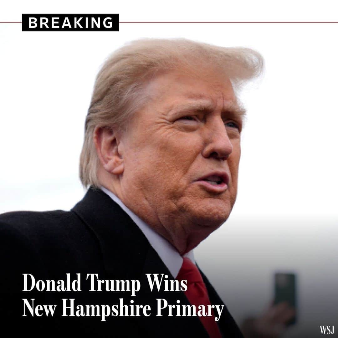 Wall Street Journalのインスタグラム：「Donald Trump has won New Hampshire's first-in-the-nation presidential primary, besting his only top-tier rival in the GOP race, Nikki Haley. ⁠ ⁠ Haley's failure to score an upset in the state means she'll face certain pressure to quit the race and clear the way for Trump’s third GOP nomination.⁠ ⁠ With both Iowa and New Hampshire wins, Trump will likely escalate his argument that the primary process should conclude. Haley, the former South Carolina governor, said Tuesday she plans to stay in the race no matter the New Hampshire outcome, but her path forward is far from clear now.⁠ ⁠ Read more at the link in our bio. ⁠ ⁠ Photo: Matt Rourke/AP」