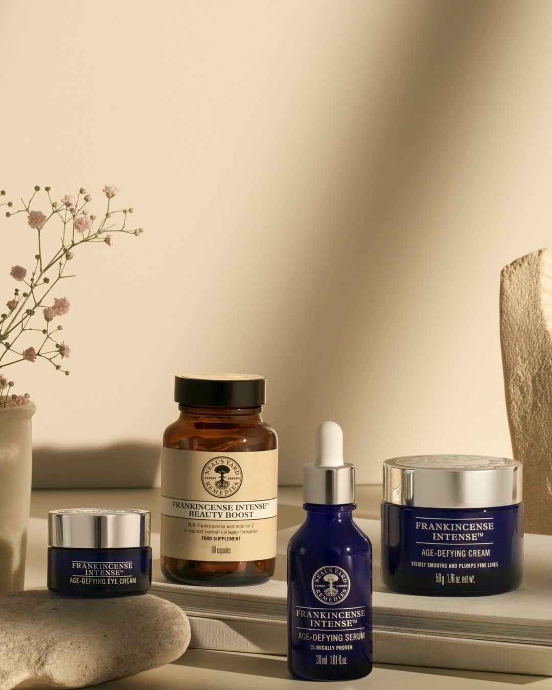 Neal's Yard Remediesのインスタグラム：「Treat your skin from the inside and out with our Frankincense Intense™  Age Defying range ✨⁠ ⁠ Target the early lines and wrinkles that are the first signs of ageing with our award-winning and clinically proven Frankincense Intense™ collection.⁠ ⁠ The serum delivers a high concentration of plumping actives, the certified organic eye cream targets fine lines around the delicate eye area and the cream moisturises for up to 24 hours, while visibly smoothing fine lines. Team with our Frankincense Intense™ Beauty Boost Supplements to help support your skin the inside, out.⁠ ⁠」