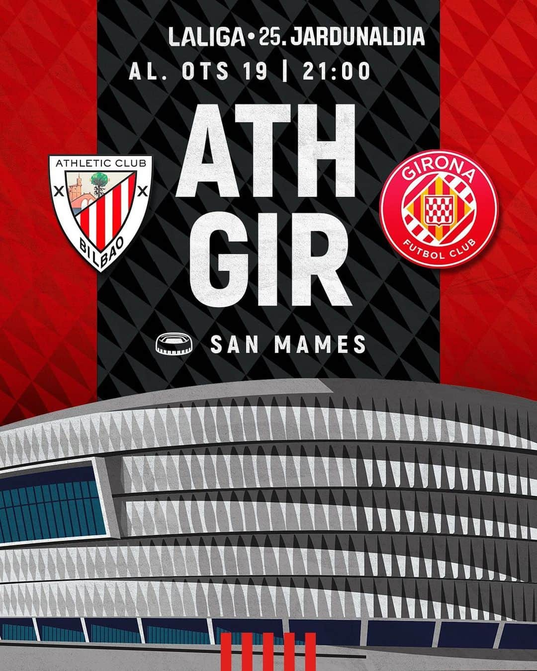 アスレティック・ビルバオのインスタグラム：「⏰ HORARIOS I @laliga ha fijado el horario del #AthleticGirona de la jornada 25.  🆚 @gironafc  🗓 Lunes, 19 de febrero 🕘 21:00 horas 🏟 San Mamés 📺 @goltelevision & @dazn_es   #AthleticClub 🦁」