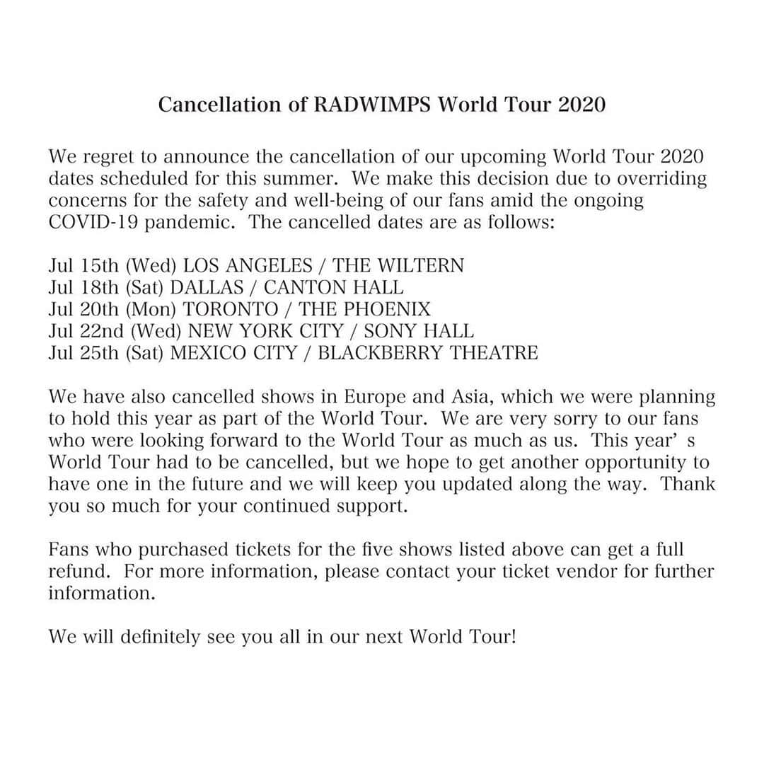 RADWIMPSさんのインスタグラム写真 - (RADWIMPSInstagram)「Cancellation of RADWIMPS World Tour 2020﻿ https://radwimps.jp/news/10943/﻿ ﻿ RADWIMPS World Tour 2020 中止のお知らせ﻿ https://radwimps.jp/news/10943/」6月4日 3時07分 - radwimps_jp