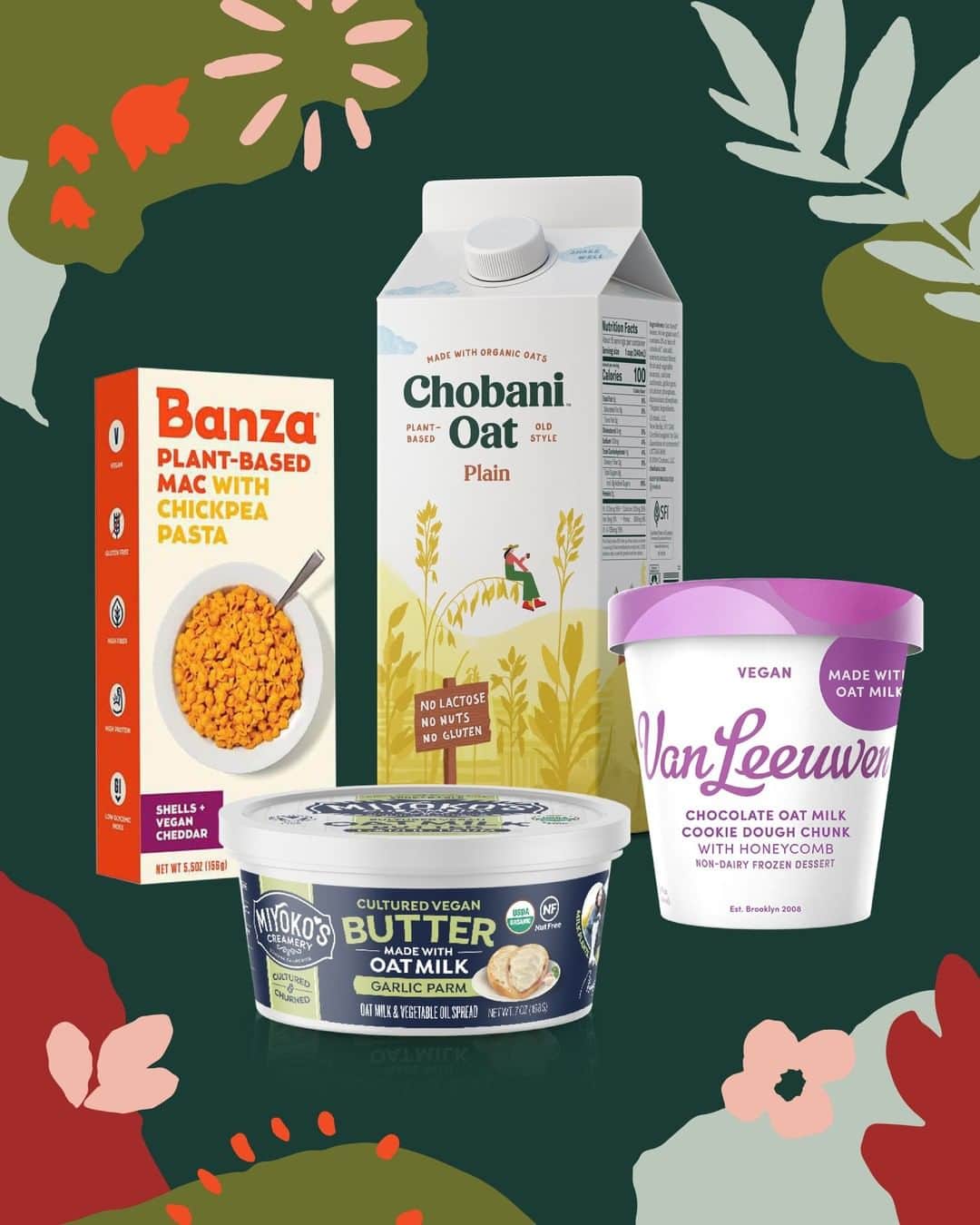 Chobaniのインスタグラム：「Feast your eyes on this plant-based prize 👀. Want to win a bunch of vegan delights from @eatbanza, @chobani, @vanleeuwenicecream, and @miyokoscreamery? Just follow all 4 accounts and tag 3 friends in the comments of this post—we’ll take care of the rest. Good luck!」
