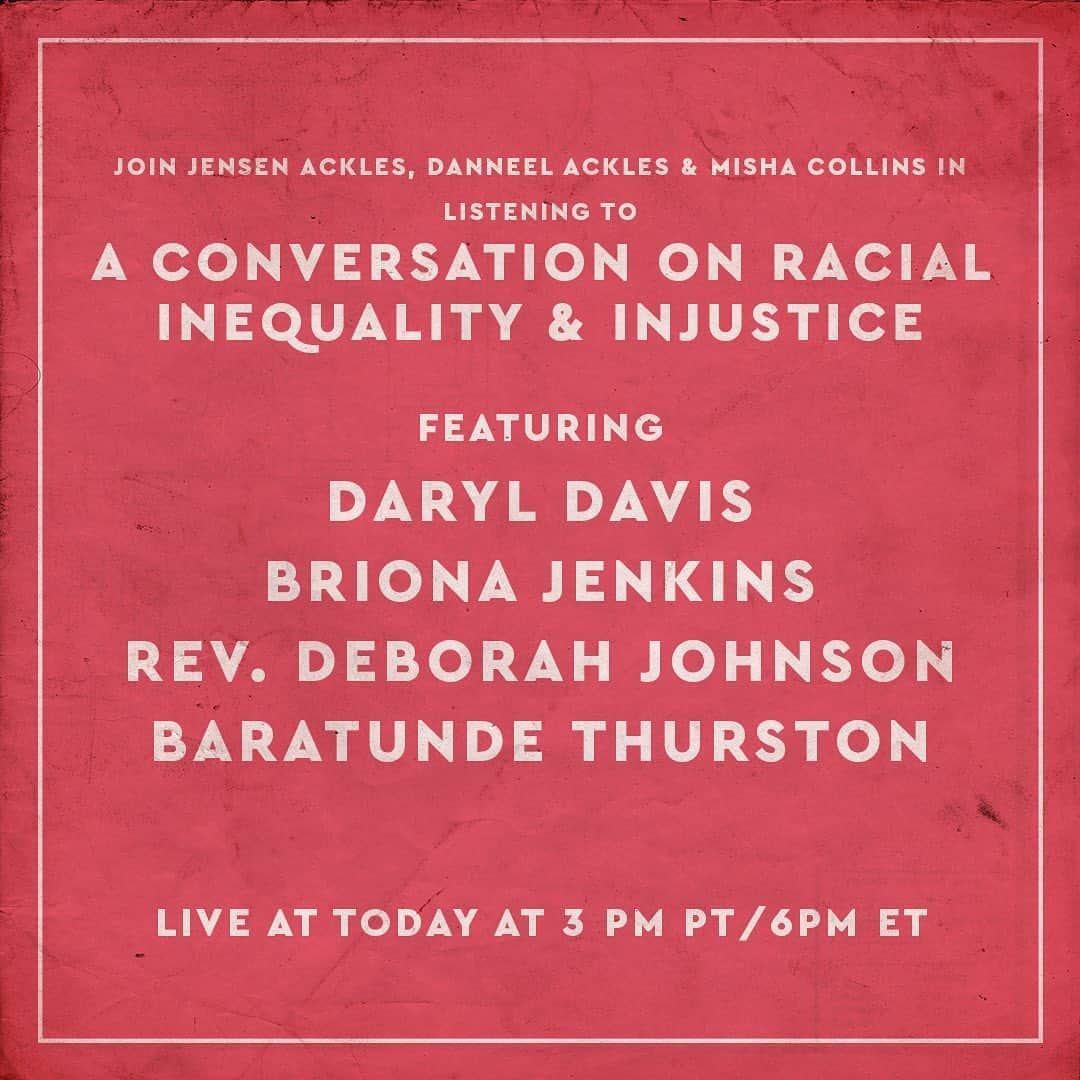ダニール・ハリスのインスタグラム：「Today at 3 PM PT/6 PM ET, @jensenackles, @misha, and I will be joining live to listen to a conversation about this painful crossroads moment and the possibilities it presents. Our panelists are 4 powerful activists of color: @realdaryldavis, @rev_deborah_johnson, @baratunde & @brionajenkins」