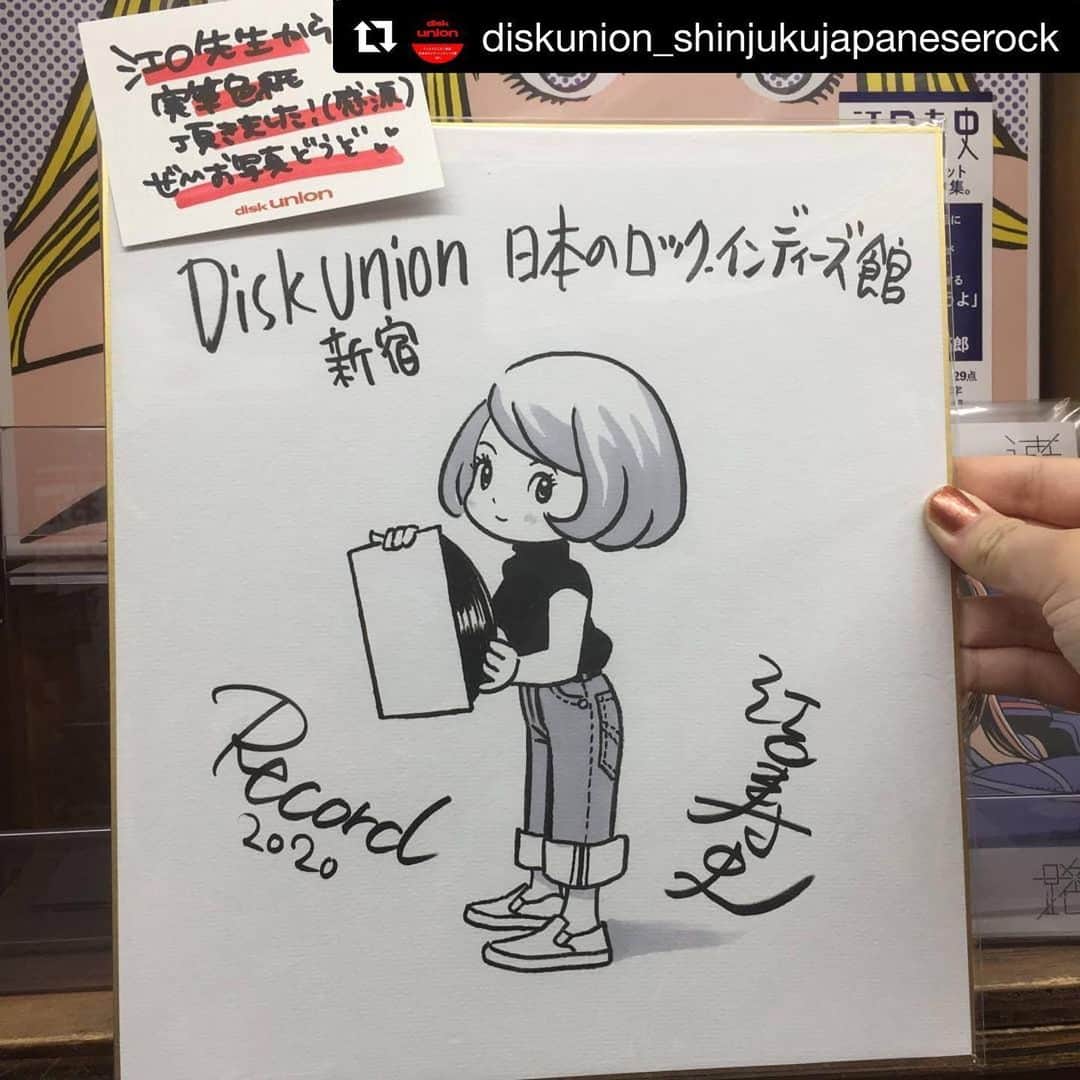 江口寿史のインスタグラム：「新宿にも描きました。見に行ってね。  #Repost @diskunion_shinjukujapaneserock with @get_repost ・・・ 江口先生から超最高にかわいい直筆色紙が届きました😭❣️ 江口寿史先生初のジャケットアートワーク集 『RECORD』当店にて好評発売中です😌🙌 BAHO/岡村ちゃんトリビュート/Shiggy/リリスク/銀杏…などのあのジャケが一冊に✨  吉田拓郎氏からの寄稿、銀杏BOYZ峯田氏との対談も収録の超豪華画集です‼️ #江口寿史  #江口寿史record  #画集  #ディスクユニオン #diskunion  #新宿 #ディスクユニオン新宿日本のロックインディーズ館」