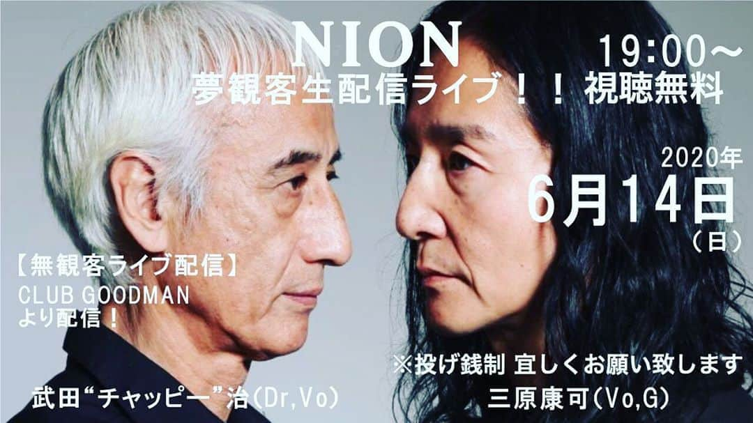 三原康可さんのインスタグラム写真 - (三原康可Instagram)「🌈NION 【夢観客生配信ライブ Vol. 2‼️】 🟥2020.6/14（日) start19時 出演:d.vo武田チャッピー治×g.vo三原康可  from秋葉原クラブグッドマン 🟥視聴はどなたでも無料‼️ 🟥投げ銭システム有り 宜しくです😉  配信ページ ↓↓ youtu.be/wrUBrm21L6o  投げ銭チケット販売ページ ↓↓ t.livepocket.jp/e/xdq81  #nion #2音 #三原康可 #武田チャッピー治  #japanrock #tokyo」5月31日 17時44分 - mihara.yasunori