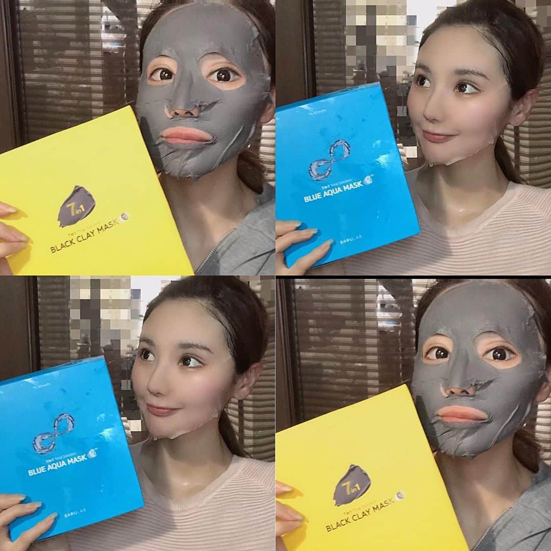 のインスタグラム：「こんばんは🙋‍♀️. 愛用のパックを２つご紹介です♡ .  ①#ブラッククレイマスク(@barulab.jp) これ１つで 栄養供給、お肌鎮静、老廃物ケア、ミネラル供給、角質除去、毛穴ケア、美肌・リフティング までできる. ブラッククレイ（火山灰）マスク👏💓. . 時間を置くほど良いので下の時間を目安に使ってね☺️ １０分：鎮静・栄養補給 . ２５分：毛穴の引き締め、老廃物ケア. ４０分：リフティング・美白 . .  ②#ブルーアクアマスク(@barulab.jp) . 最長４時間付けていられる(！！) . 水光肌を作る乾かない極薄パック🌈. . 保湿、潤い強化、乾燥防止、明るさアップ、鎮静、保護に優れています🙈💓. .  ブラッククレイマスクとブルーアクアマスク両方一緒に使うとより効果があるよ✌️. .  #バルラボ  #barulab  #ブラッククレイマスク  #ブルーアクアマスク  #日本初上陸 #韓国コスメ #韓国パック #新作コスメ #乾燥肌  #敏感肌  #保湿」