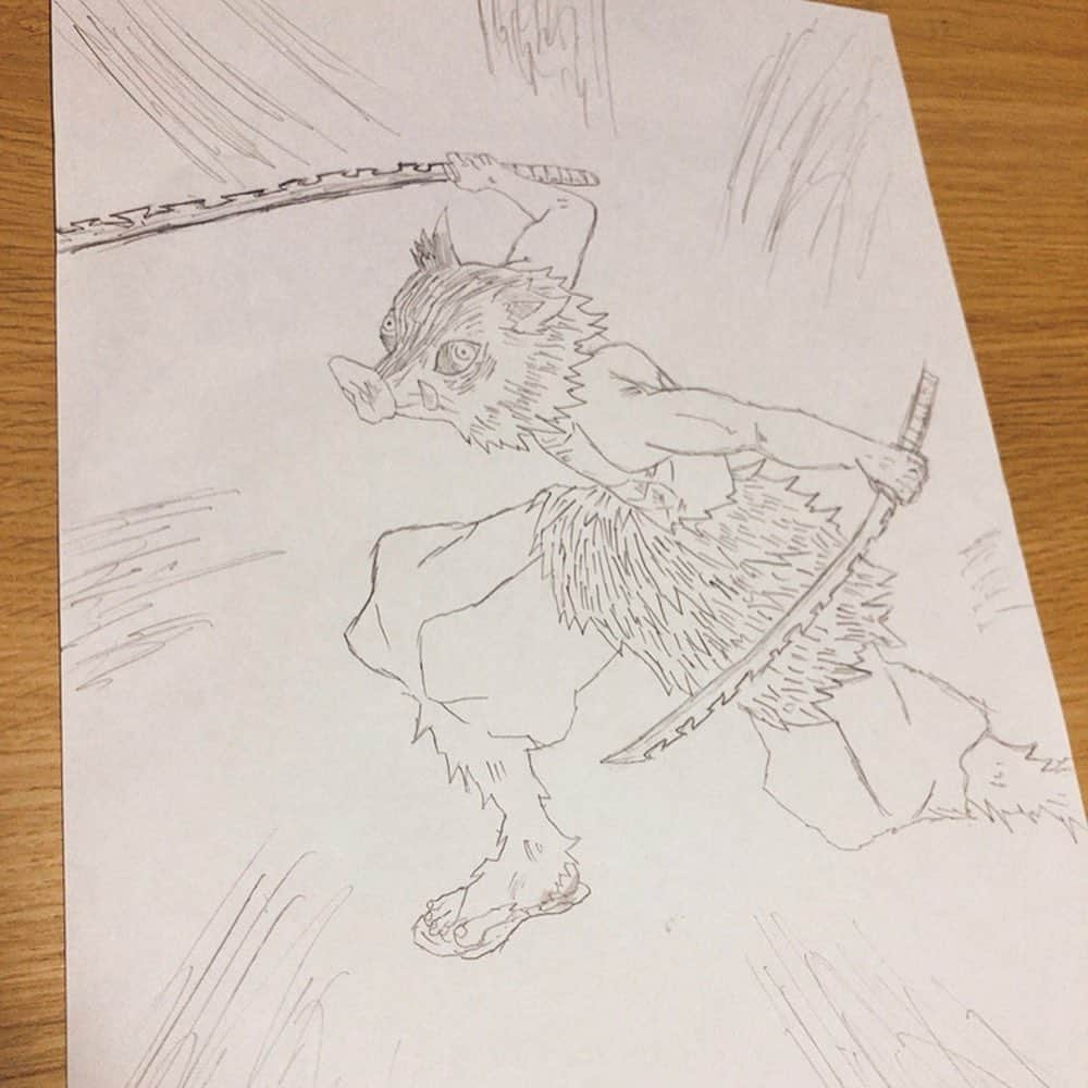 木原梢のインスタグラム：「甥っ子ちゃんが描いてくれた伊之助🐗 うますぎん？ 色ぬりして飾ろ♡笑 ぺーさん、ありがとう😘  姉ちゃんオススメのスパイス、ふりかけ、新茶を一緒に送ってくれた😊 いただきまーす👏🏻ありがとね‼︎ #鬼滅の刃 #伊之助 #好きなキャラ #絵心のある甥っ子 #めっちゃ嬉しい #家に飾る」